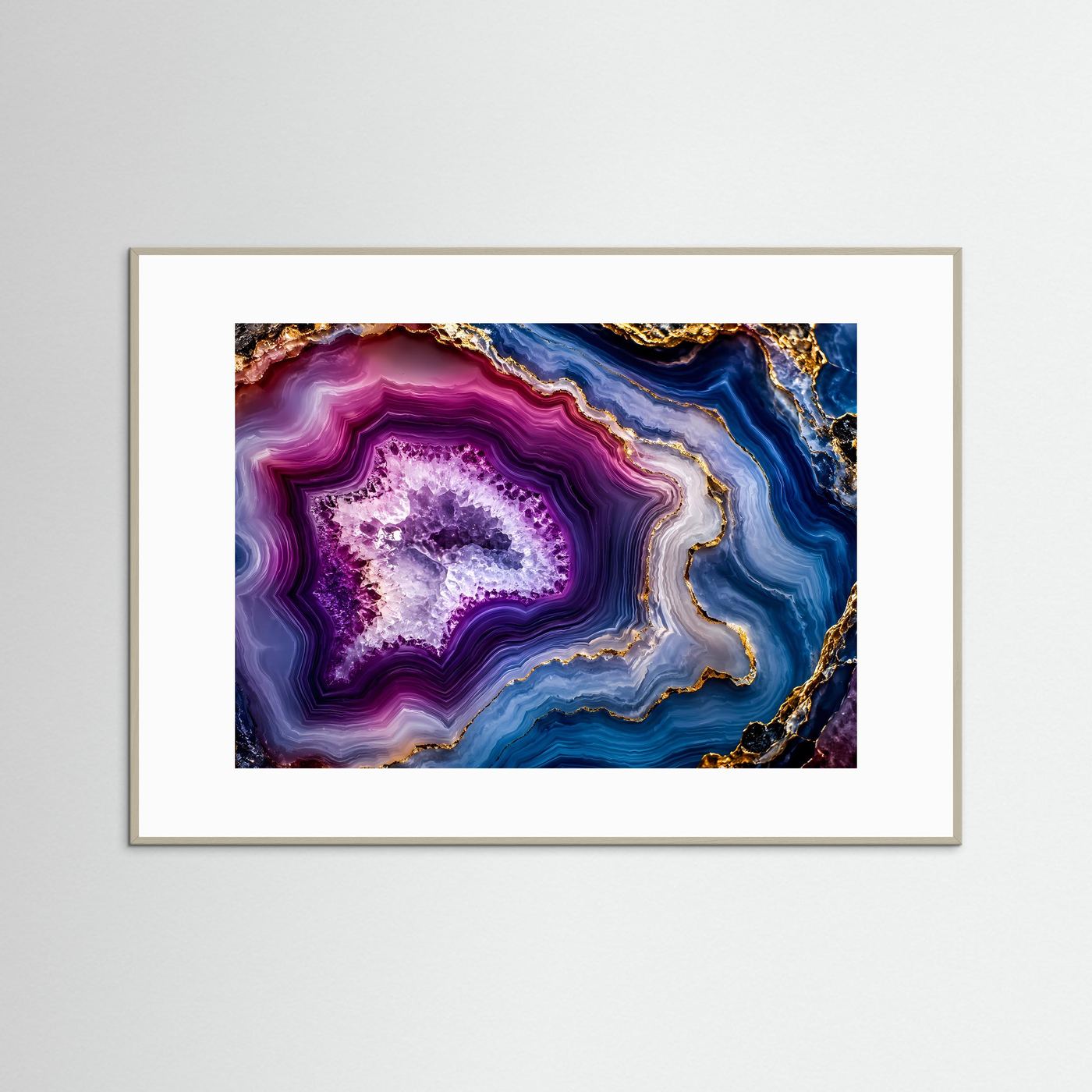 Achat Geode Poster Querformat | Abstrakte Edelstein Wandkunst in Violett, Blau & Gold | Luxuriöses Mineralien Wandbild