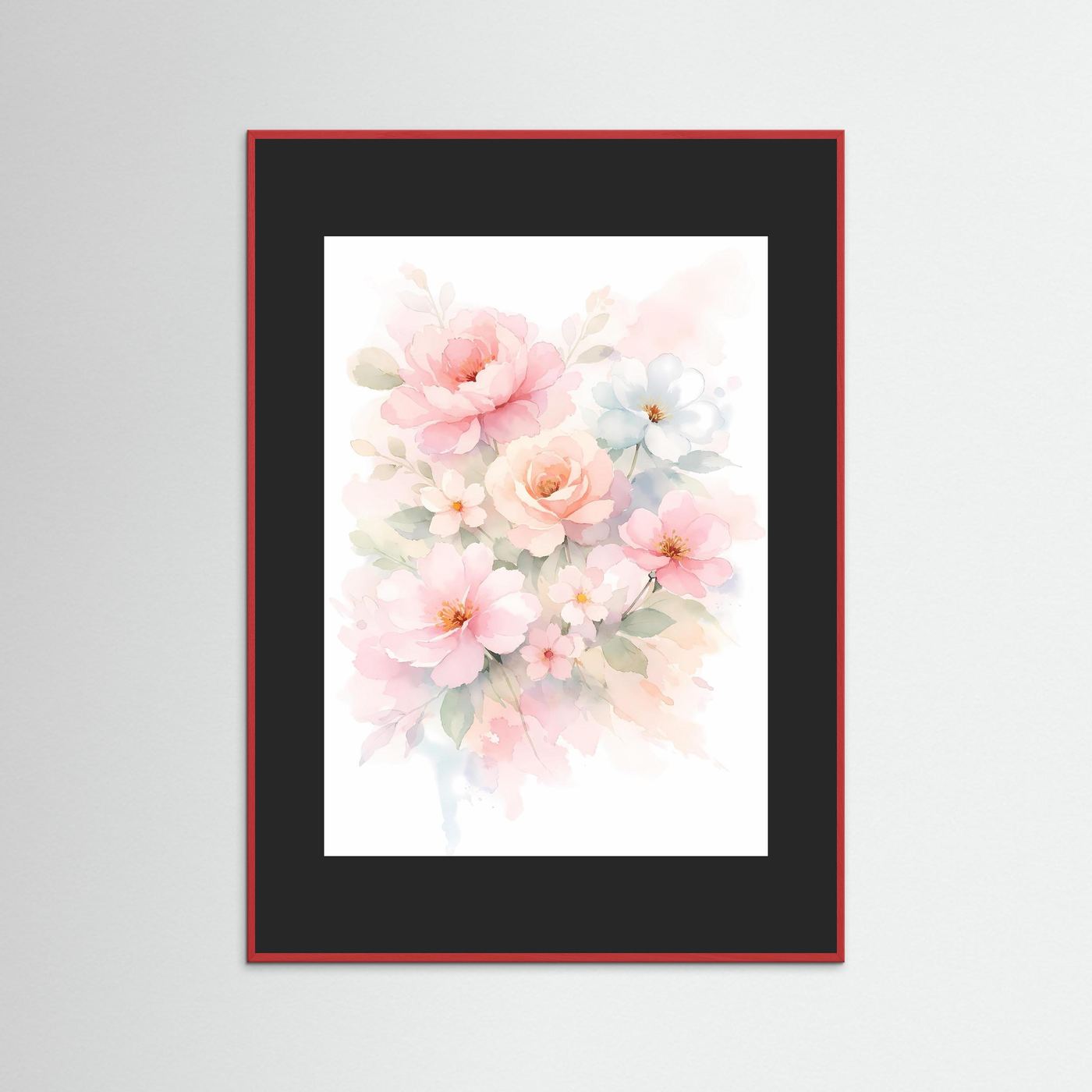 Gerahmtes Blumenposter im Aquarellstil mit rosa Blüten und schwarzem Passepartout