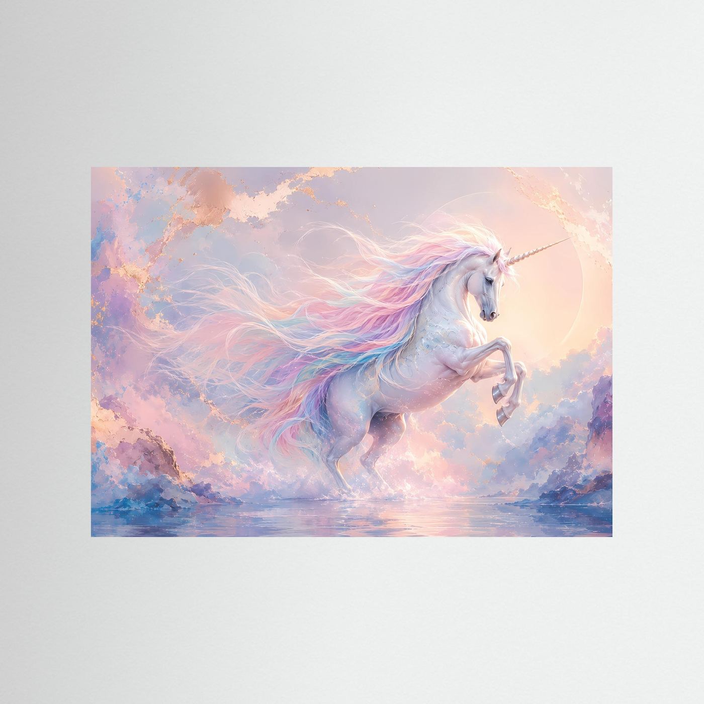 Magisches Einhorn in Pastell | Fantasie Wandbild in Rosa, Blau & Gold