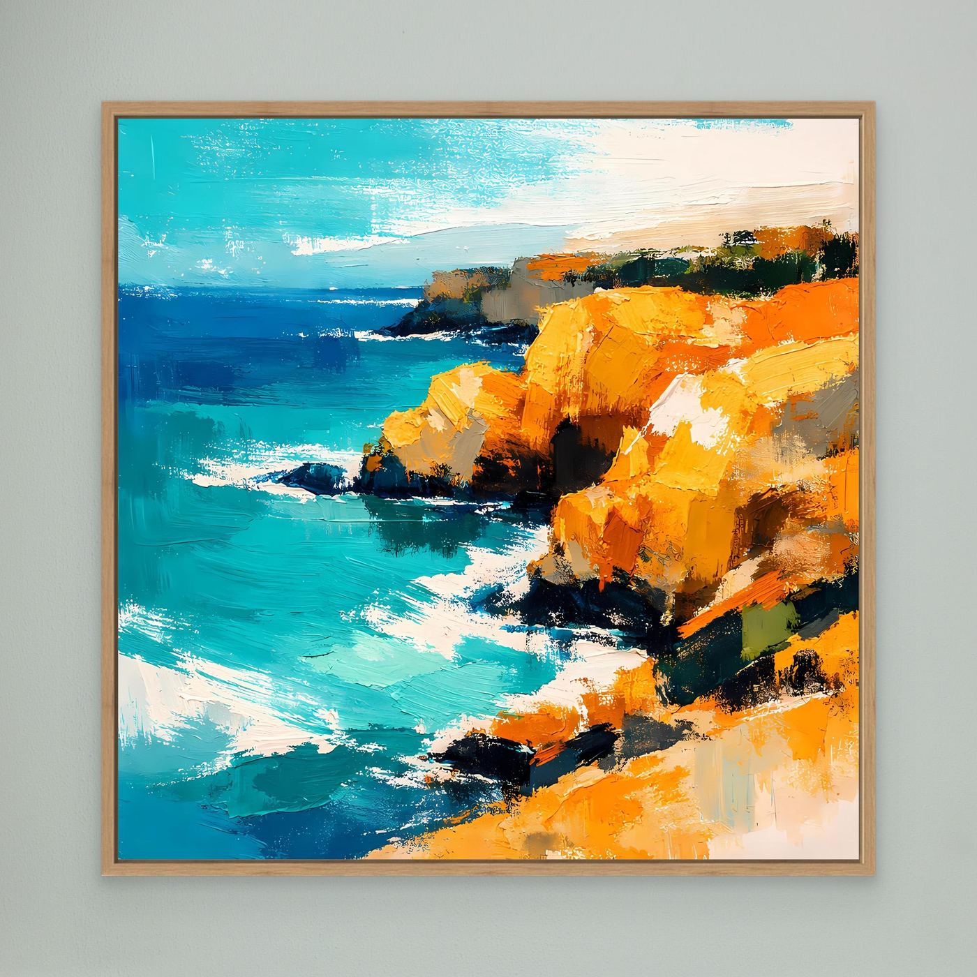 Leinwand Abstraktes Steilküsten Gemälde | Modernes Mediterranes Meeres Wandbild Blau Gelb
