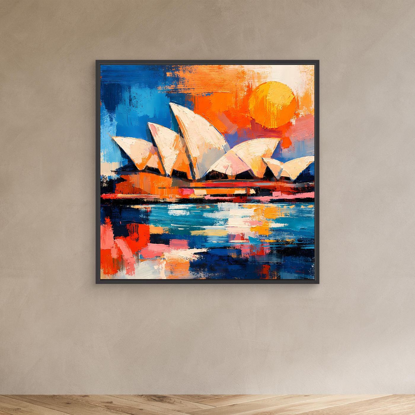 Abstract Sydney Opera House wall art canvas in black frame with blue water and orange sun