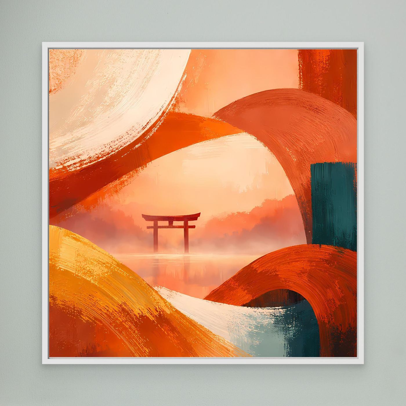 Leinwandbild mit Torii in warmen Orange- und Grüntönen, weiß gerahmt.