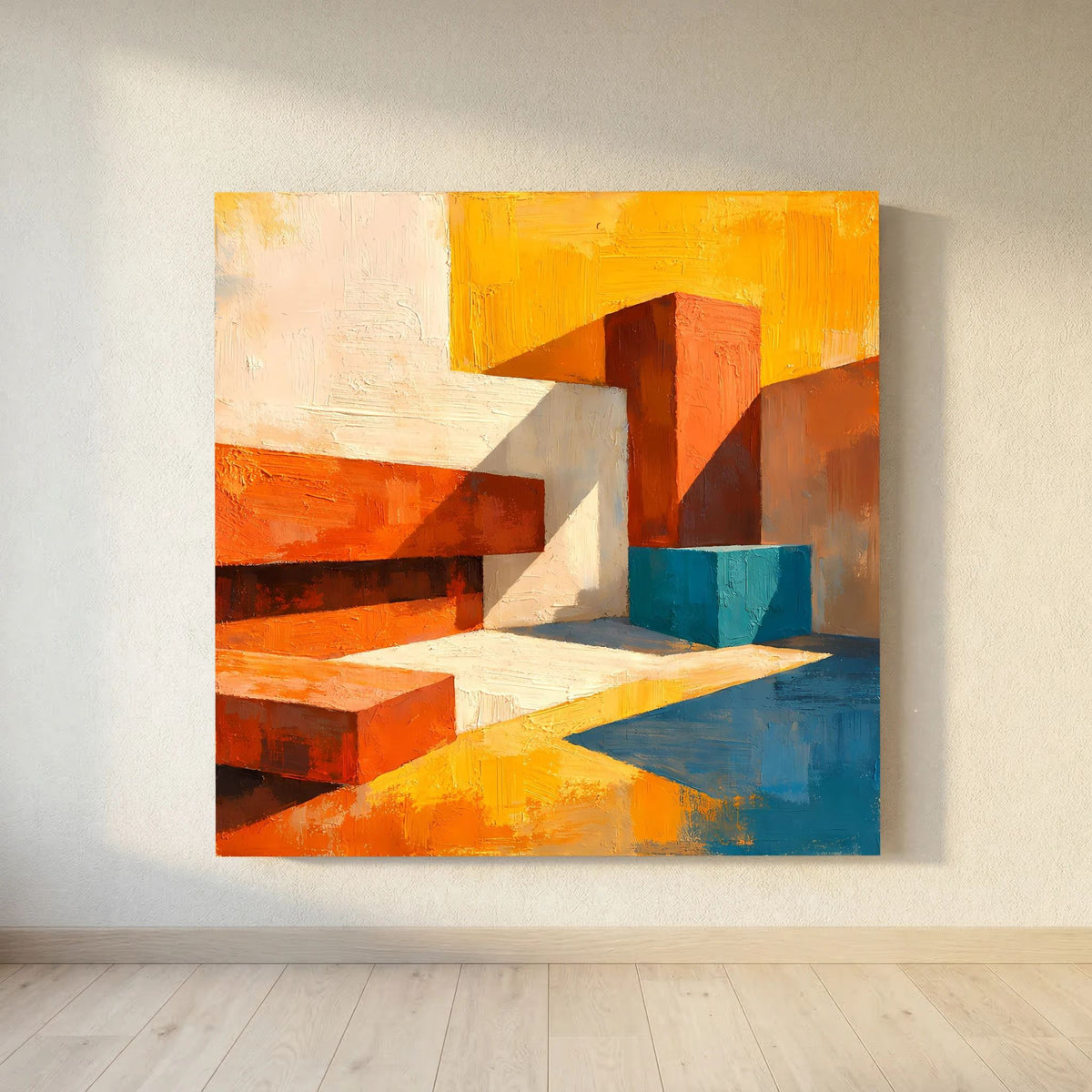 Abstraktes Leinwand-Wandbild mit geometrischen Ebenen in Orange, Weiß und Blau