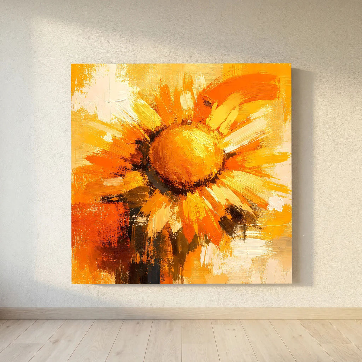 Leinwand Abstraktes Sonnenblumen Gemälde | Modernes Florales Wandbild Gelb Orange