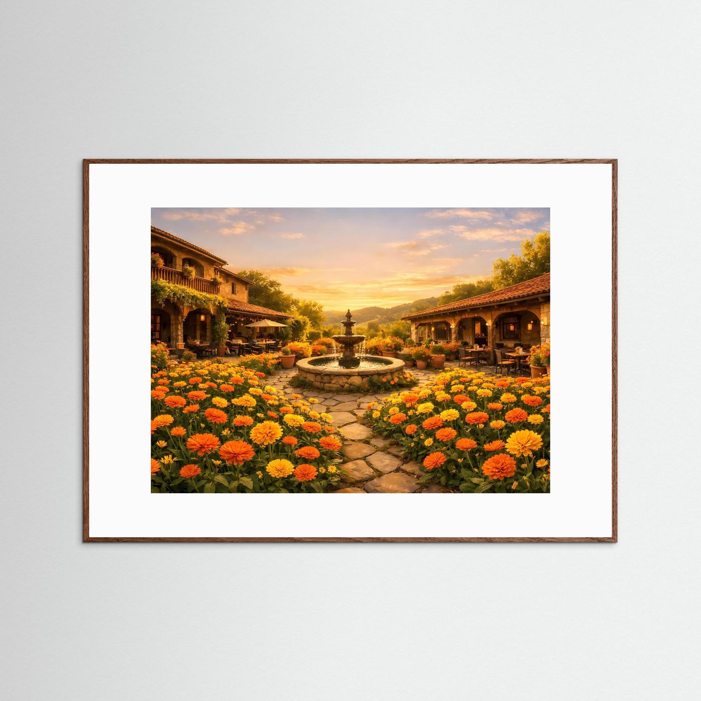 Wandbild mit braunem Rahmen und weißem Passepartout: Innenhof mit Brunnen und Blumen