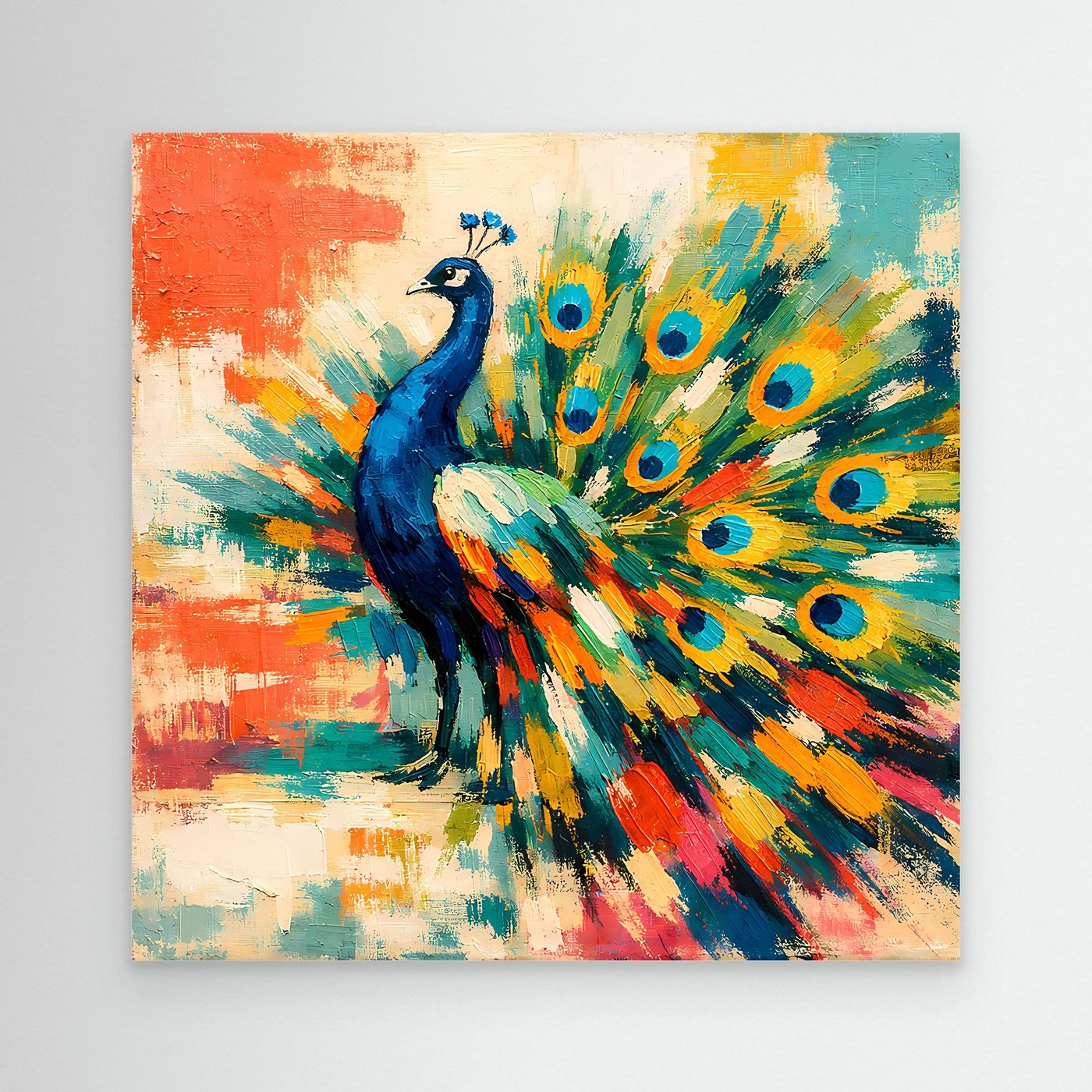 Abstract peacock canvas wall art with blue bird and teal, yellow feather fan.