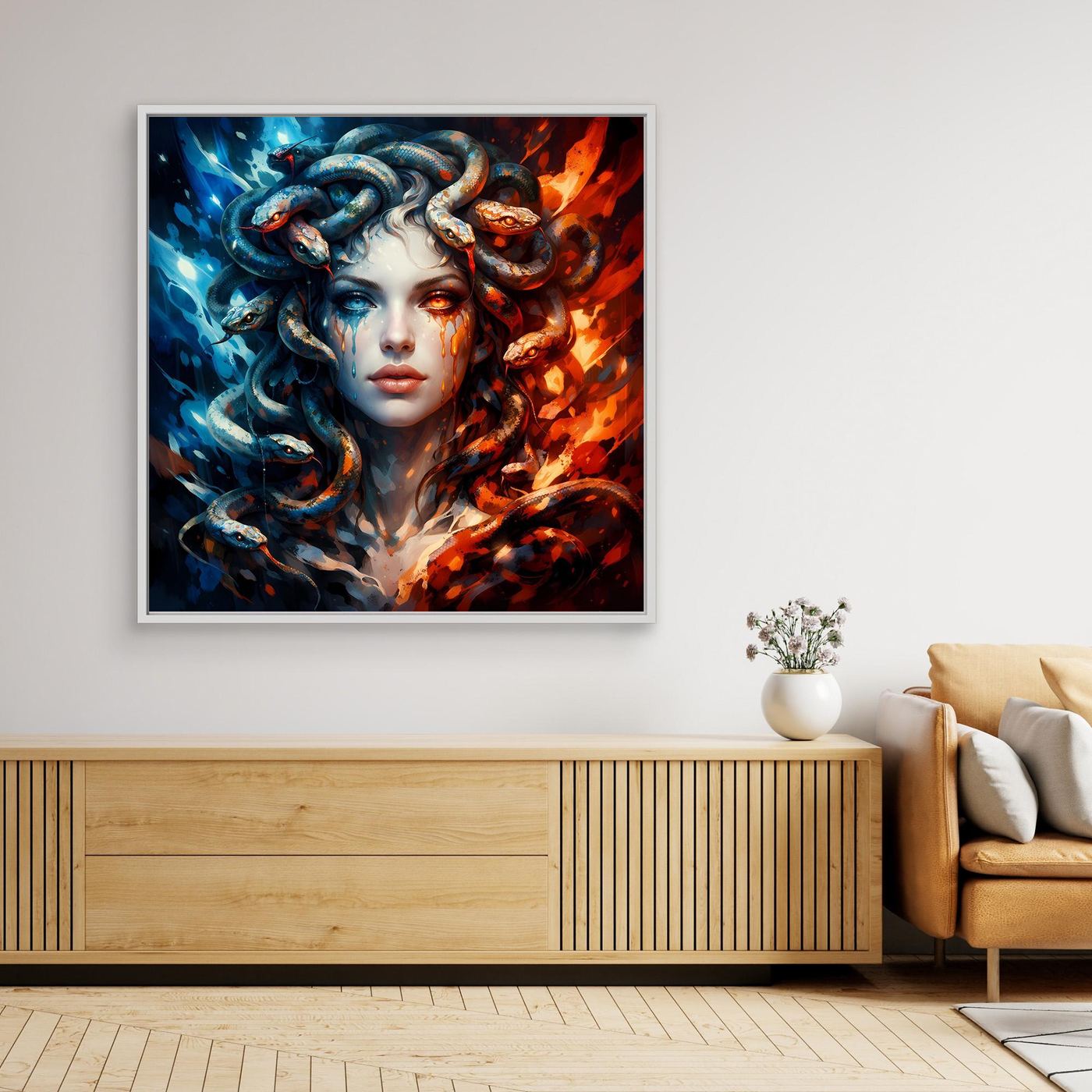 Leinwand Mystische Medusa im Feuer- und Eis-Kontrast | Modernes Fantasy Wandbild