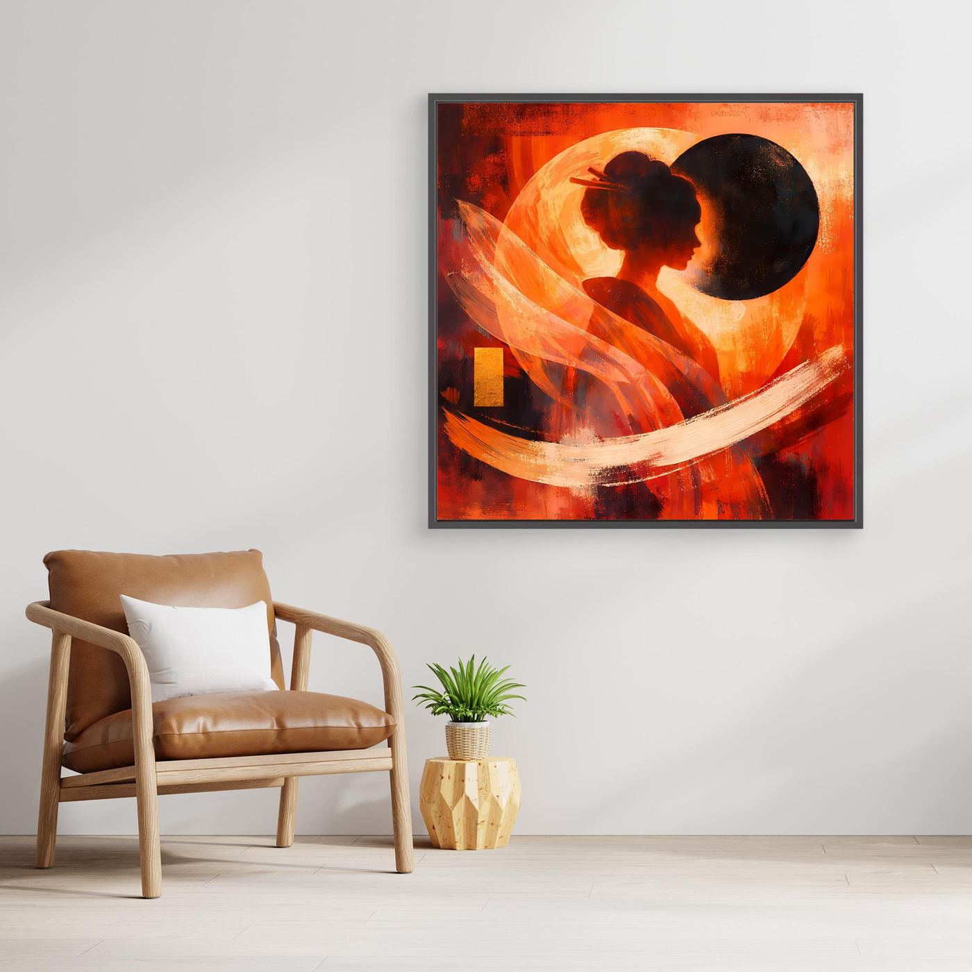 Leinwandbild mit Geisha-Silhouette, abstraktem rotem Sonnenmotiv, heller Rahmen