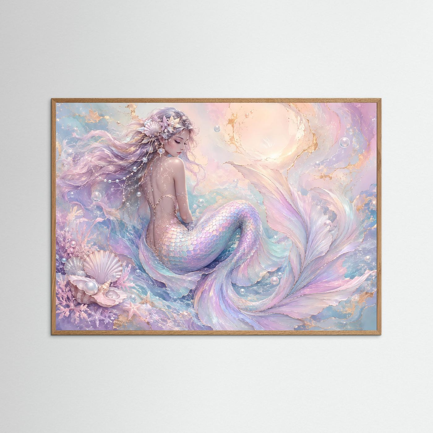 Meerjungfrau Poster Querformat | Pastell Fantasy Meerjungfrau Wandbild | Elegante Ozean Kunst
