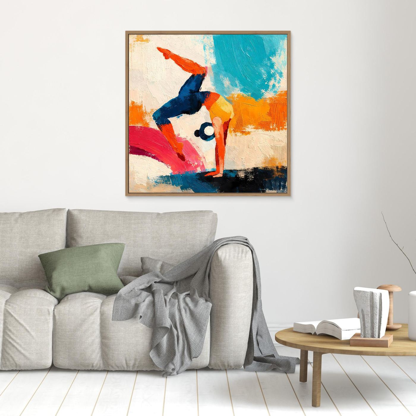 Handstand gymnast canvas print with wood frame, colorful abstract figure