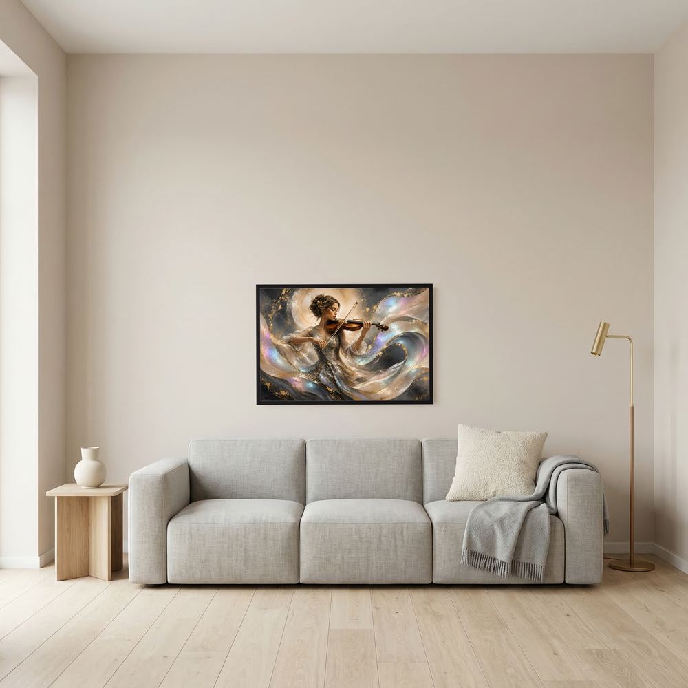 Querformat-Poster mit Geigenspielerin, schwarzer Rahmen mit Gold- und Perlmuttfarben