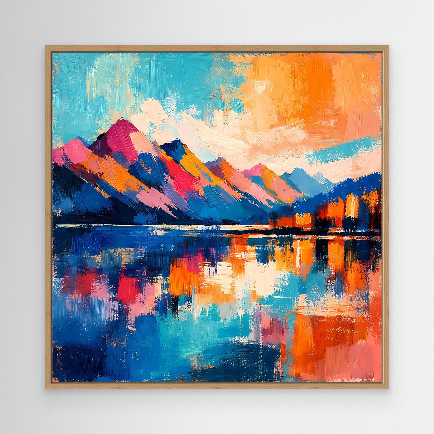 Leinwand-Wandbild mit abstrakter Bergkette am See in Blau und Orange, mit hellem Holzrahmen