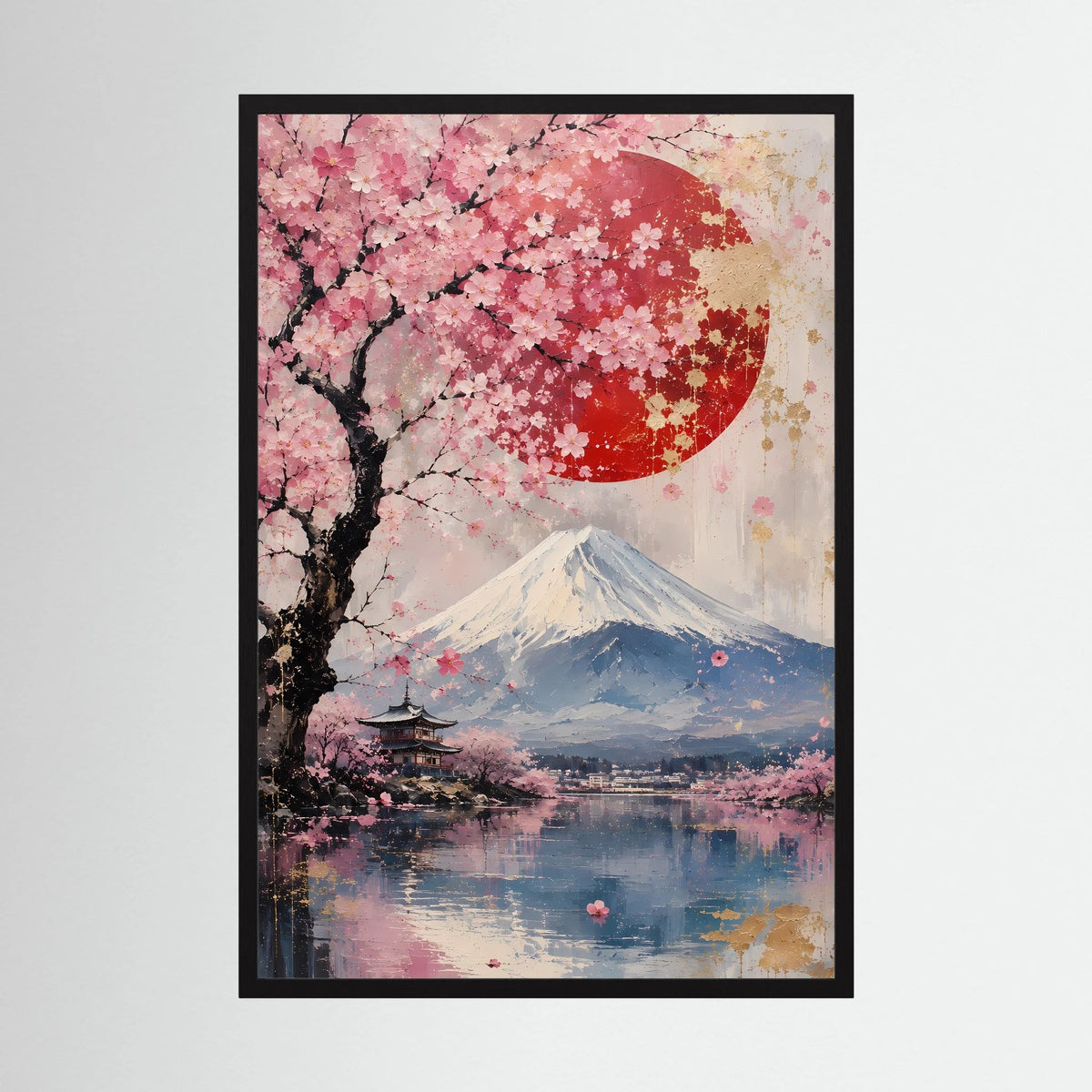 Hochformatiges Poster mit Kirschblütenzweig, roter Sonne und Berg Fuji über ruhigem See, schwarzer Rahmen