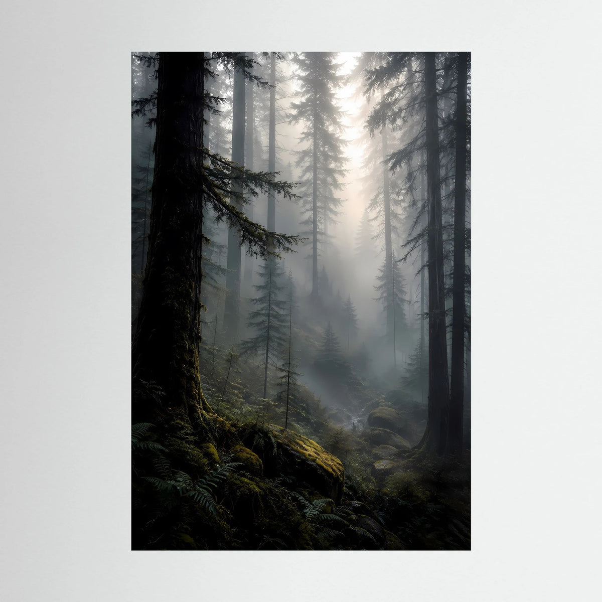 Poster im Hochformat mit dunklem Wald und Lichtstrahlen, ohne sichtbaren Rahmen