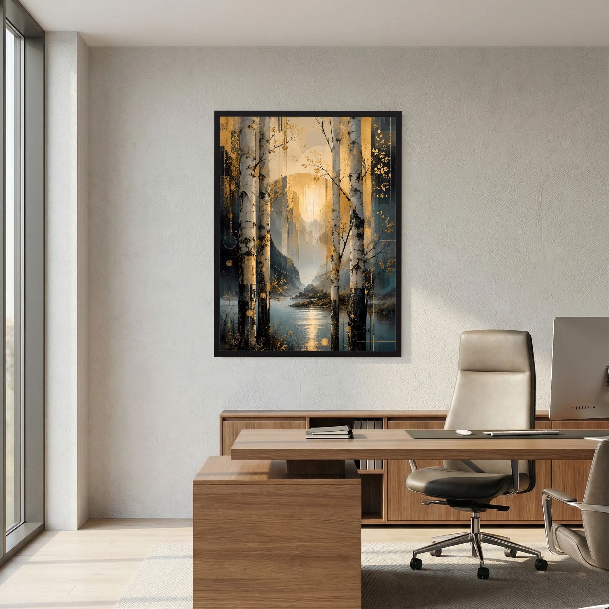 Gerahmtes Poster mit Birkenlandschaft am Wasser, Goldtöne, Petrolschatten und Lichtreflexe