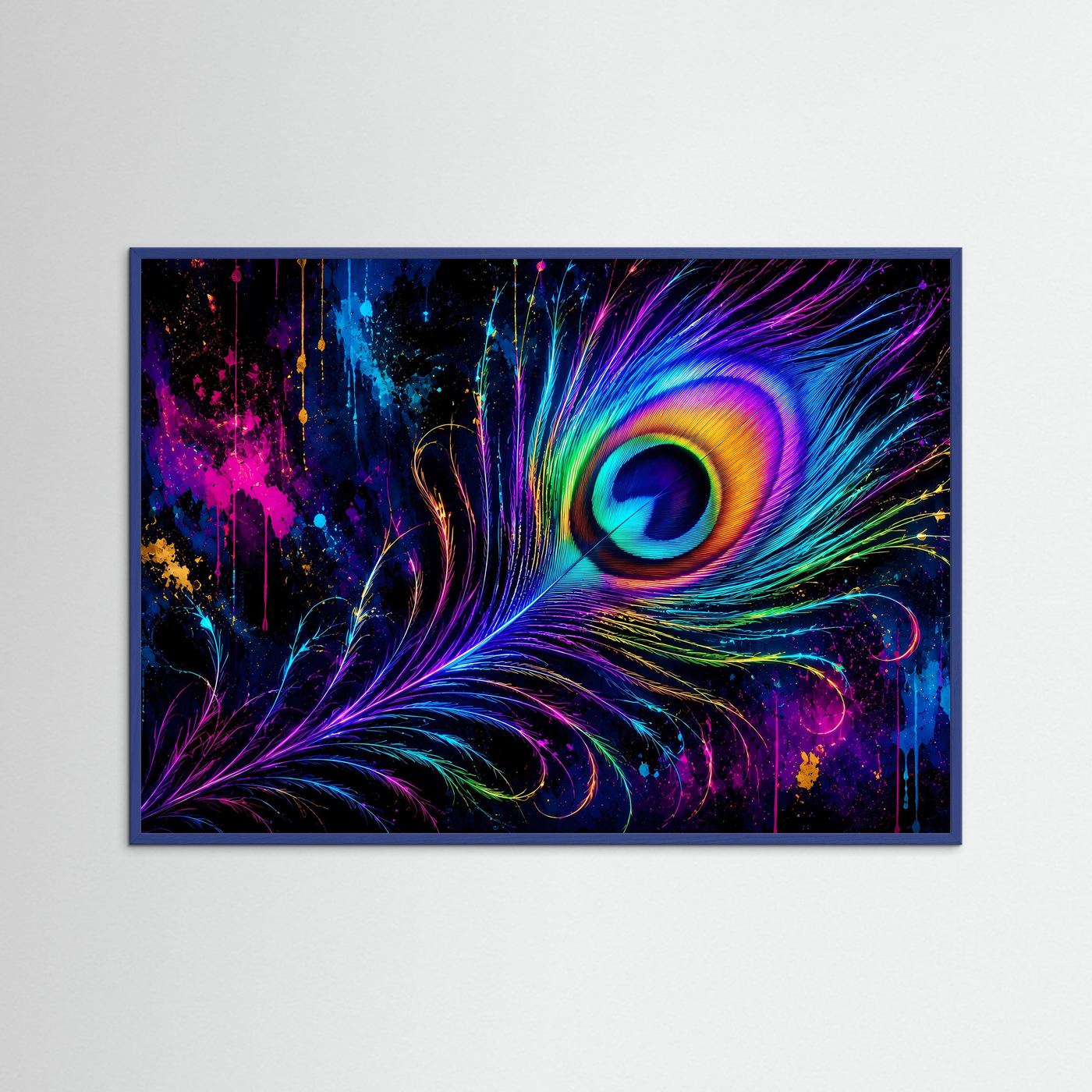 Neon Pfauenfeder in leuchtenden Farben | Abstrakte Regenbogen Kunst – Modernes Poster Querformat