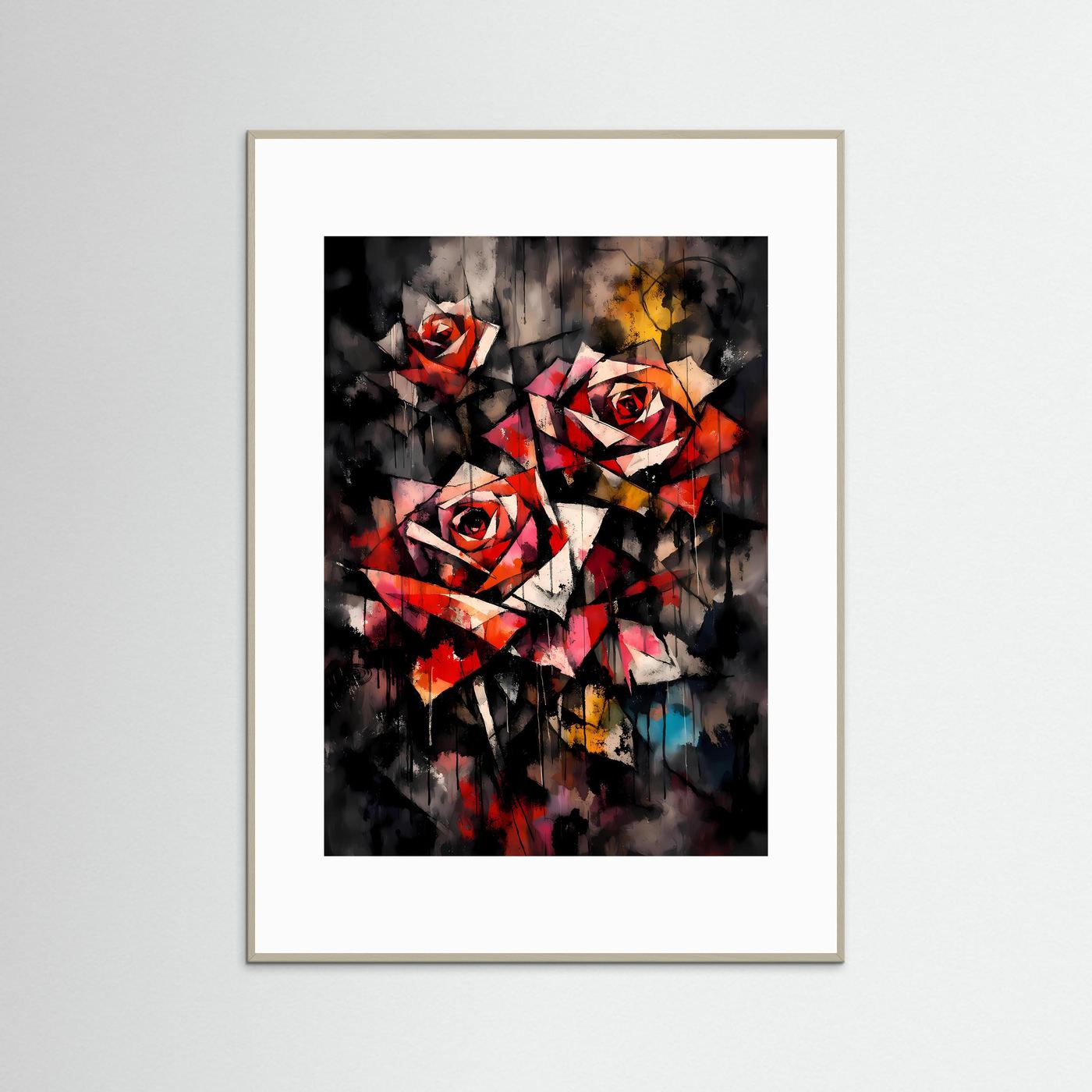 Ewige Eleganz | Abstraktes Rote Rosen Poster im geometrischen Kubismus-Stil | Modernes Blumen Kunstposter Hochformat