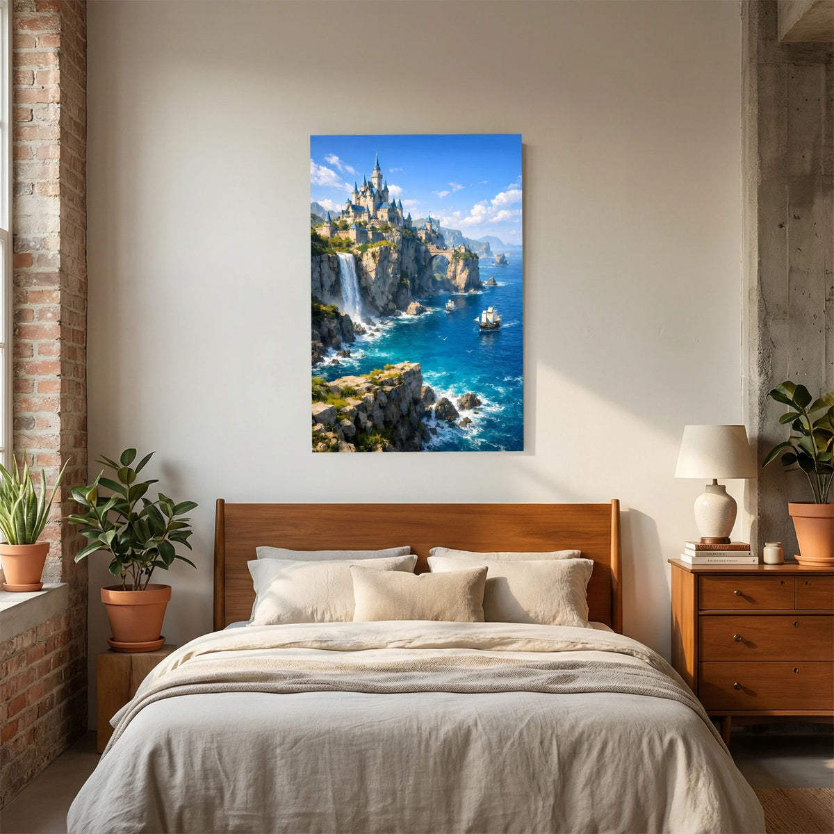 Hochkantiges Wandposter mit blauem Rand: Märchenschloss am Felsenstrand am Meer