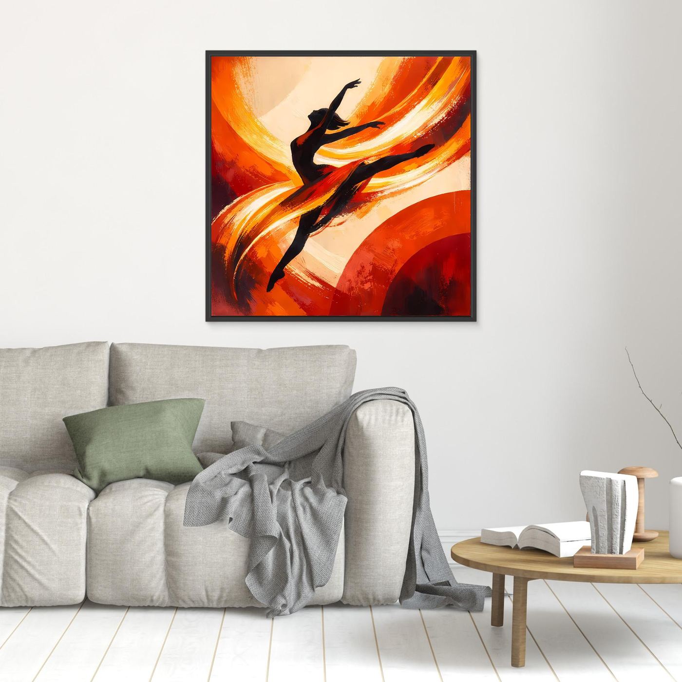 Leinwandbild mit schwarzer Tänzer-Silhouette und orangefarbenen Pinselstrichen, schwarz gerahmt