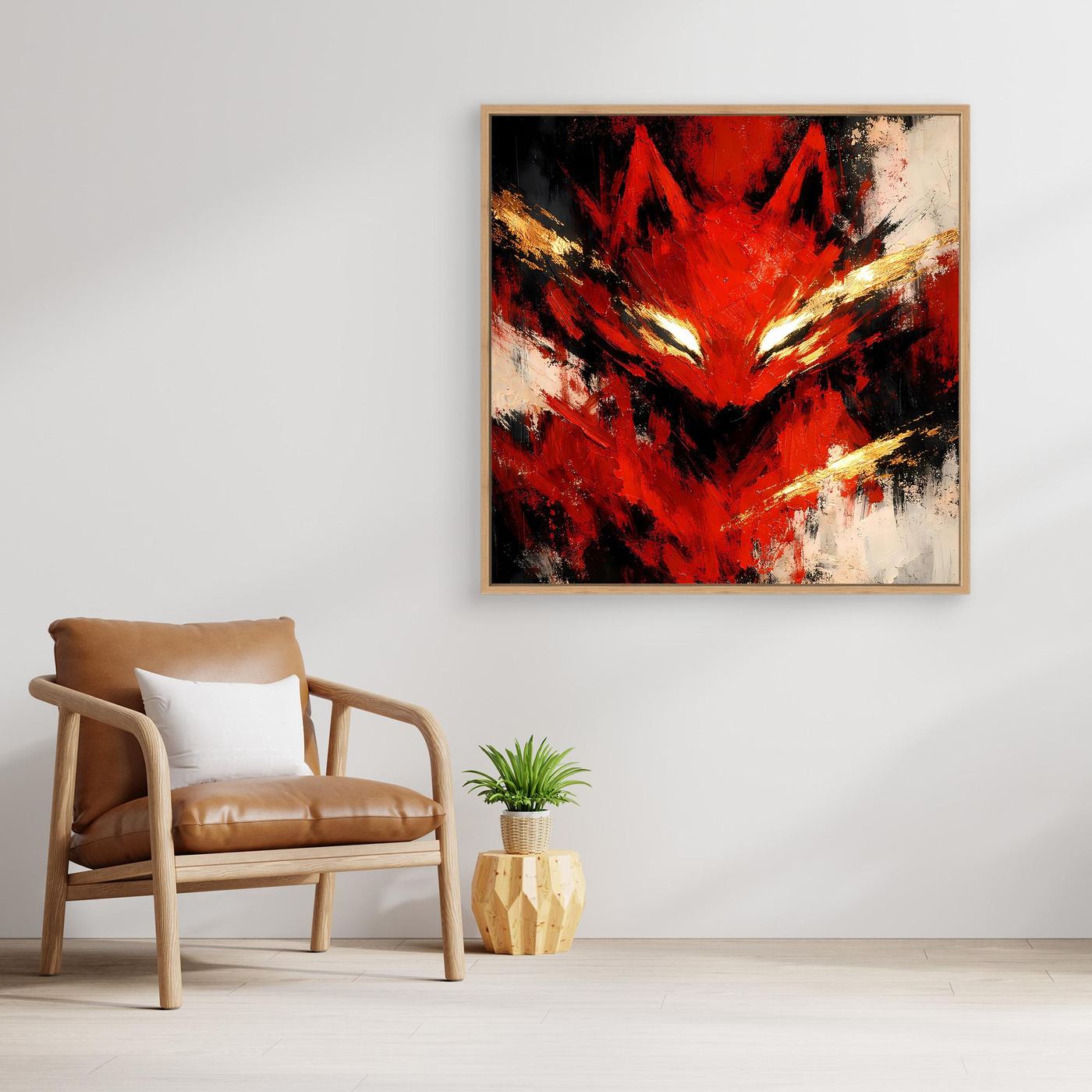 Leinwand Mystischer Kitsune Fuchs in Rot | Abstraktes Japanisches Mythologie Wandbild