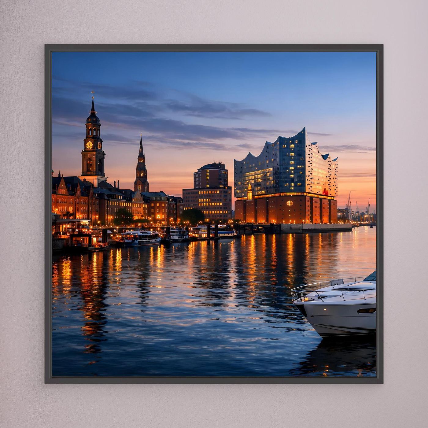 Leinwand-Wandbild der Hamburger Skyline am Wasser mit schwarzem Rahmen