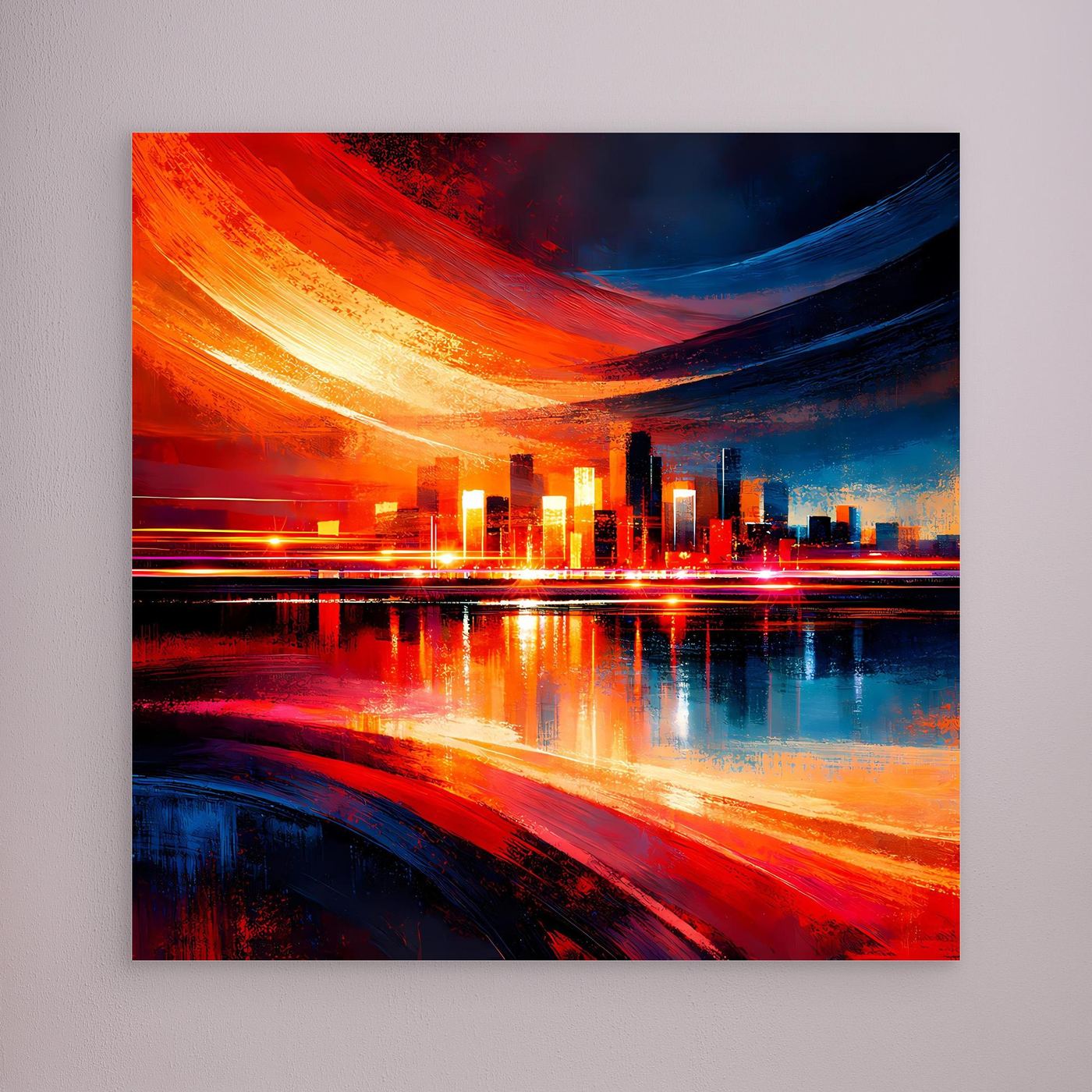 Leinwandbild mit abstrakter Skyline, rote und blaue Lichtspuren ohne sichtbaren Rahmen