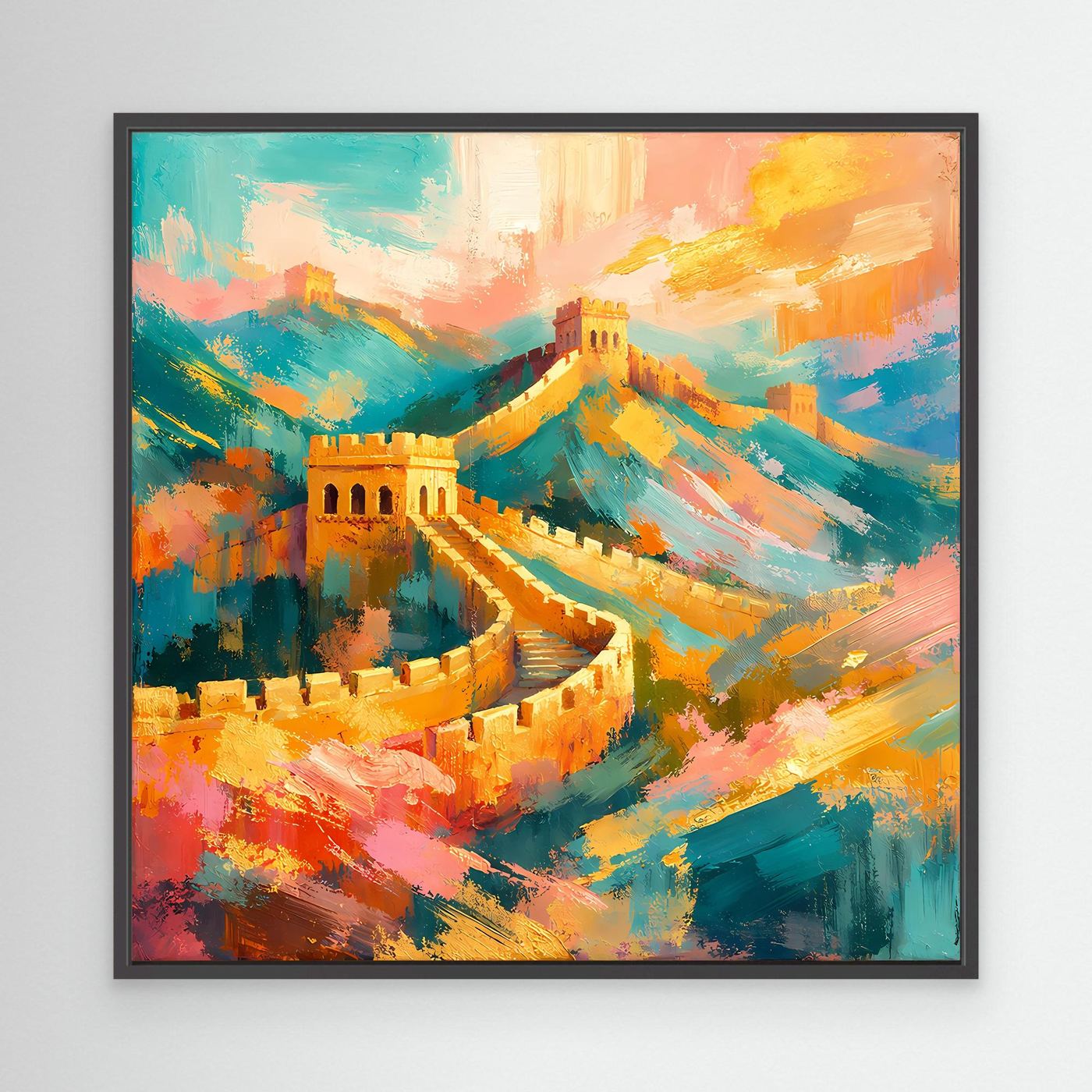 Leinwandbild Chinesische Mauer abstrakt, bunte Ölgemälde-Optik mit schwarzem Rahmen