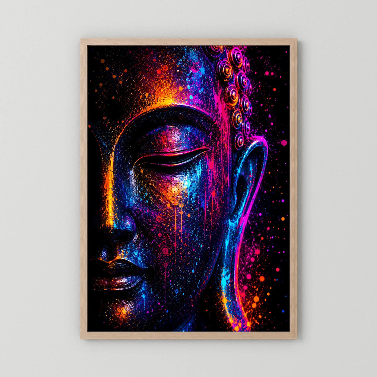 Kunstposter mit abstraktem Buddha-Gesicht im Neonlicht, pink-blau-orange, Holzrahmen