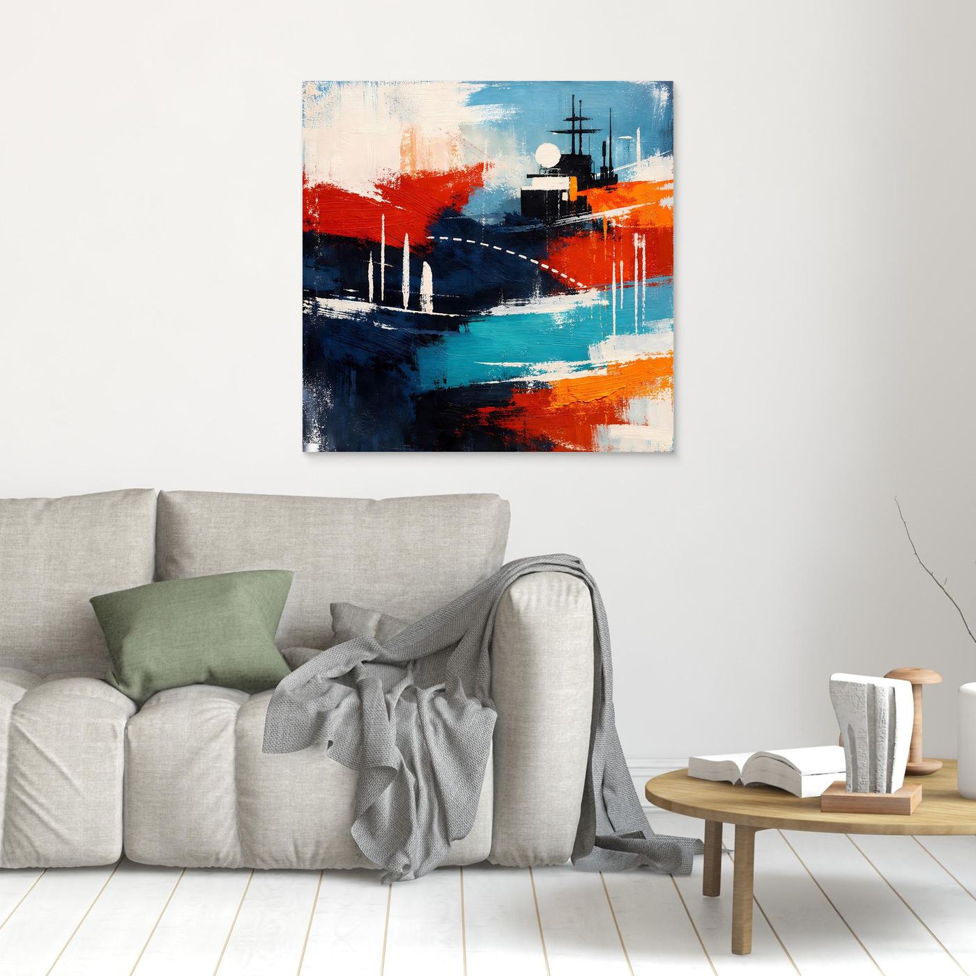 Kleines Leinwand-Wandbild mit abstraktem Schiff in Blau, Rot und Türkis