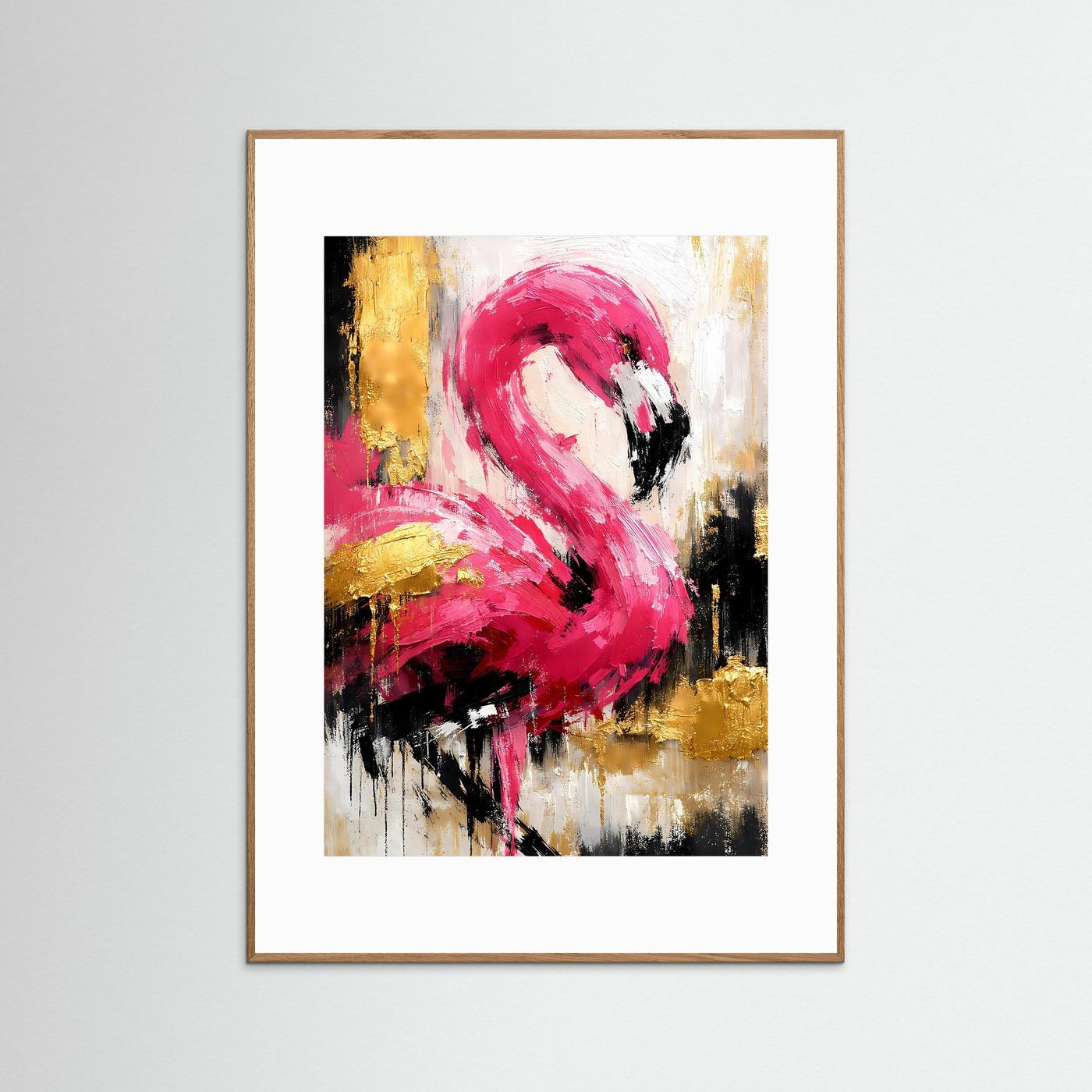 Abstraktes Flamingo-Poster, rosa Flamingo im Hochformat, mit goldbrauner Einrahmung