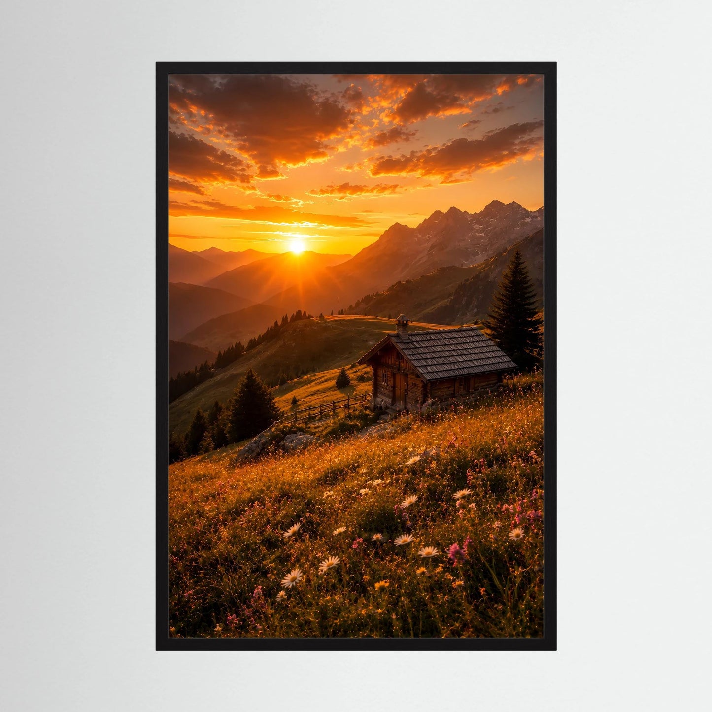 Hochformat-Poster mit Sonnenuntergang über Alpen, Berghütte, Berge und Herbstwiese im schwarzen Rahmen