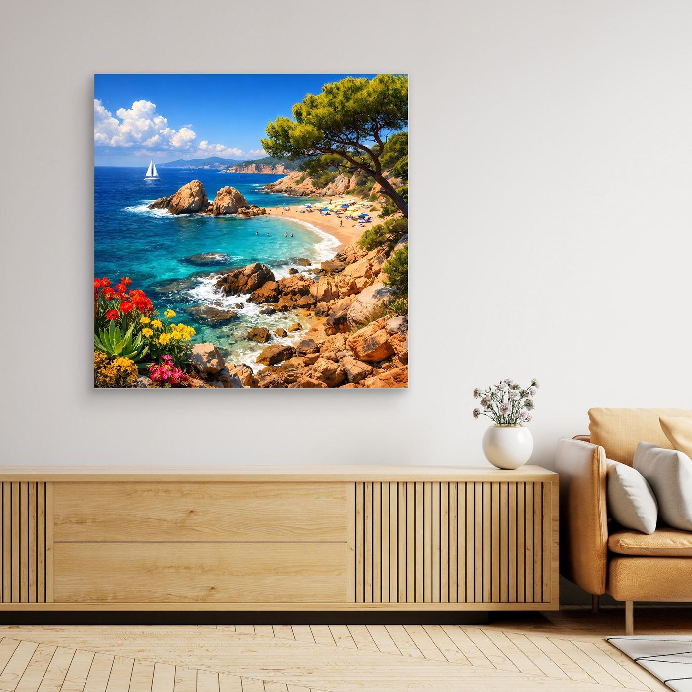 Leinwand-Wandbild mit Küstenbucht, türkisblauem Meer, Felsen und farbigen Blumen