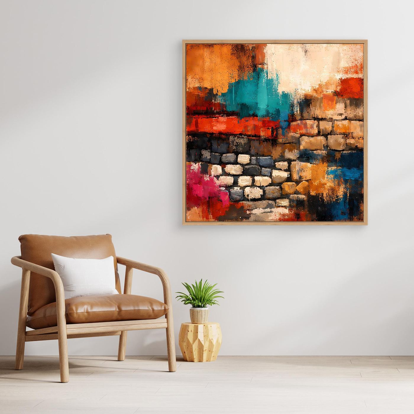 Gerahmtes abstraktes Leinwand-Wandbild: Steinmauer mit bunten Akzenten in Orange, Türkis und Blau.