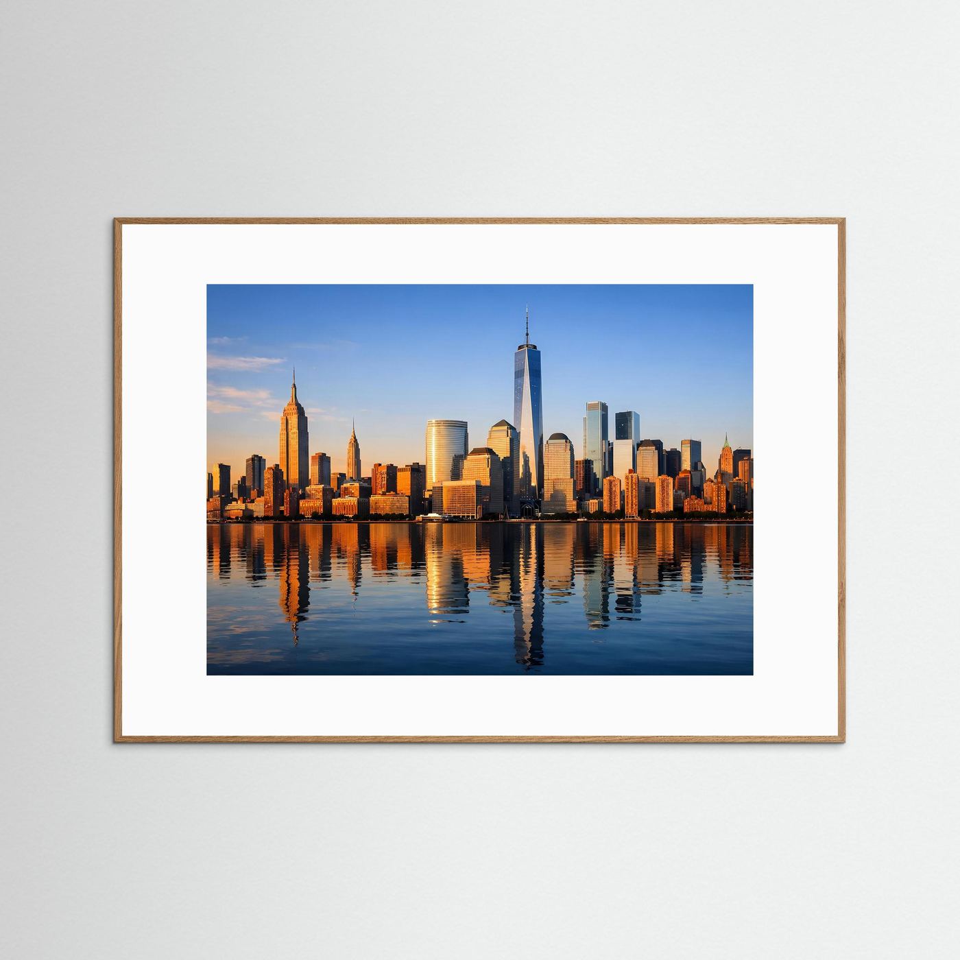 Wandbild mit New-York-Skyline, heller Holzrahmen, weißes Passepartout