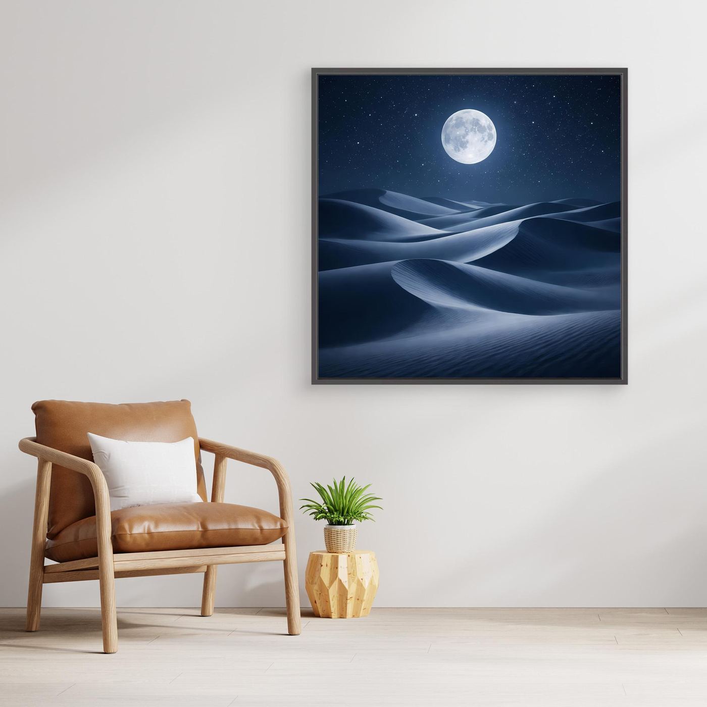 Leinwandbild mit schwarzem Rahmen: Vollmond über Wüstendünen, ruhige Nachtlandschaft.