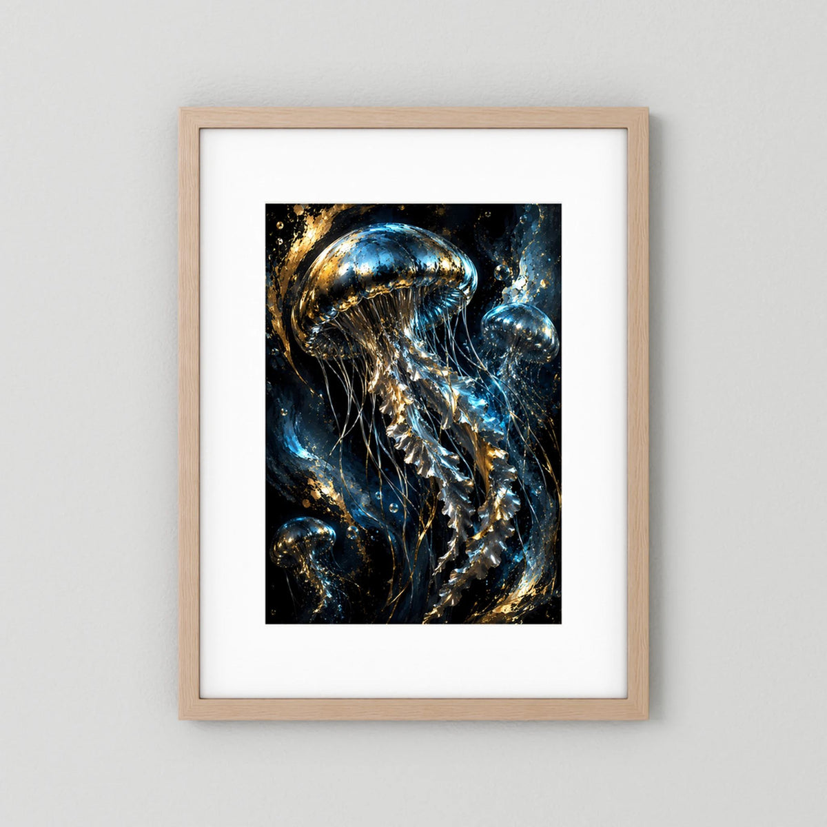 Poster im Hochformat mit goldenen und blauen Quallen, Holzrahmen in hellem Braun