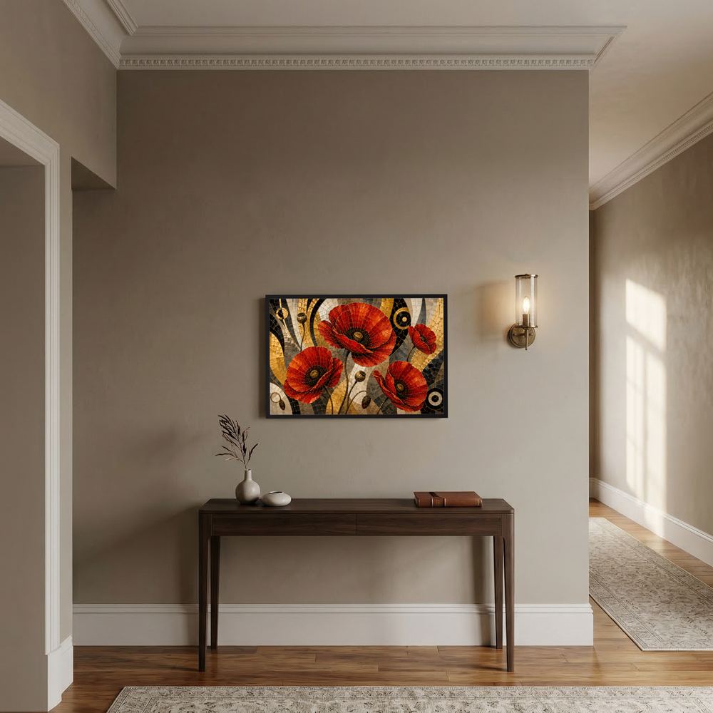 Abstraktes Mohnblumen-Poster im Querformat mit rotem, schwarzem und goldenem Mosaik