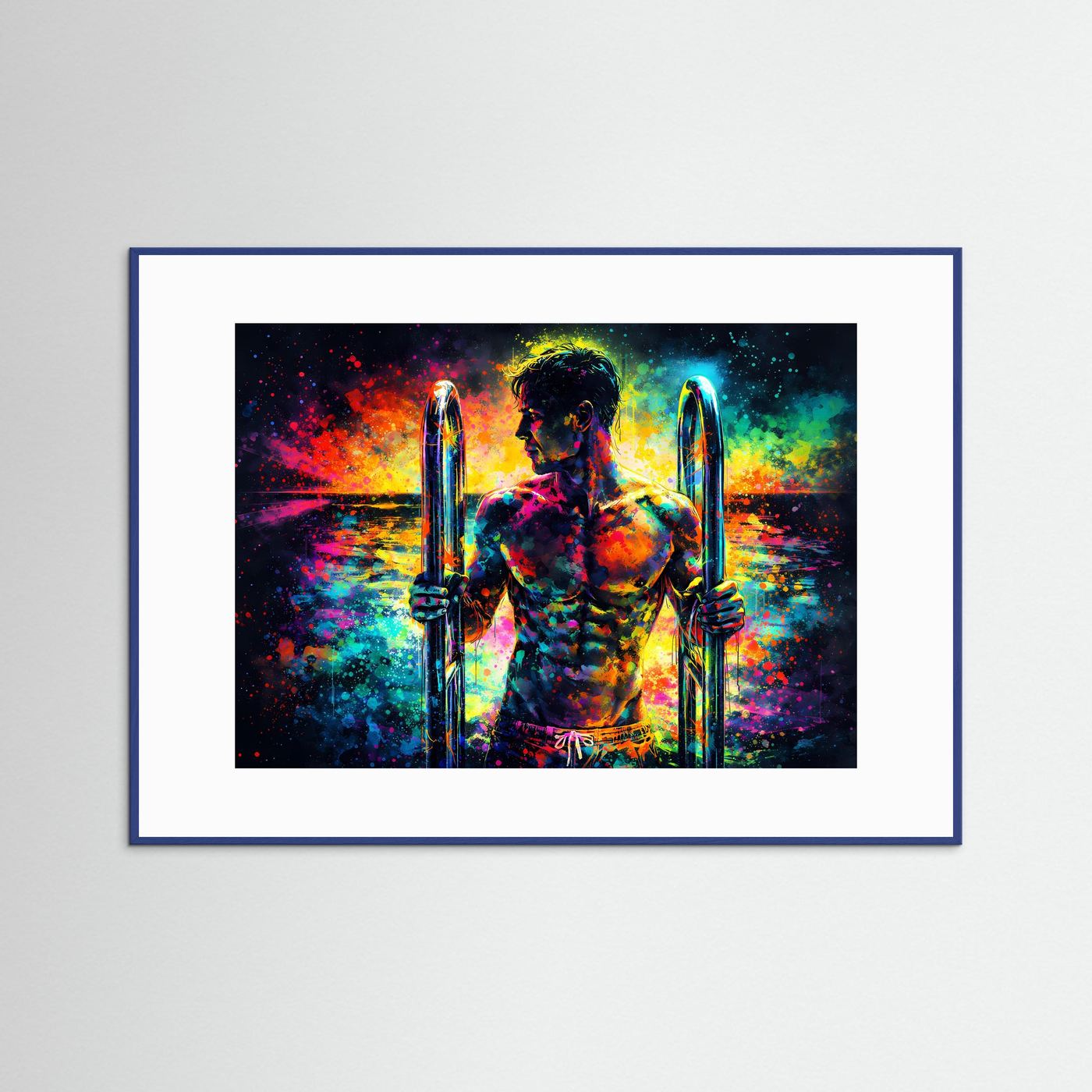 Querformat-Poster mit Neonfigur und zwei Stäben, bunter Sprühneonlook, blauer Rahmen