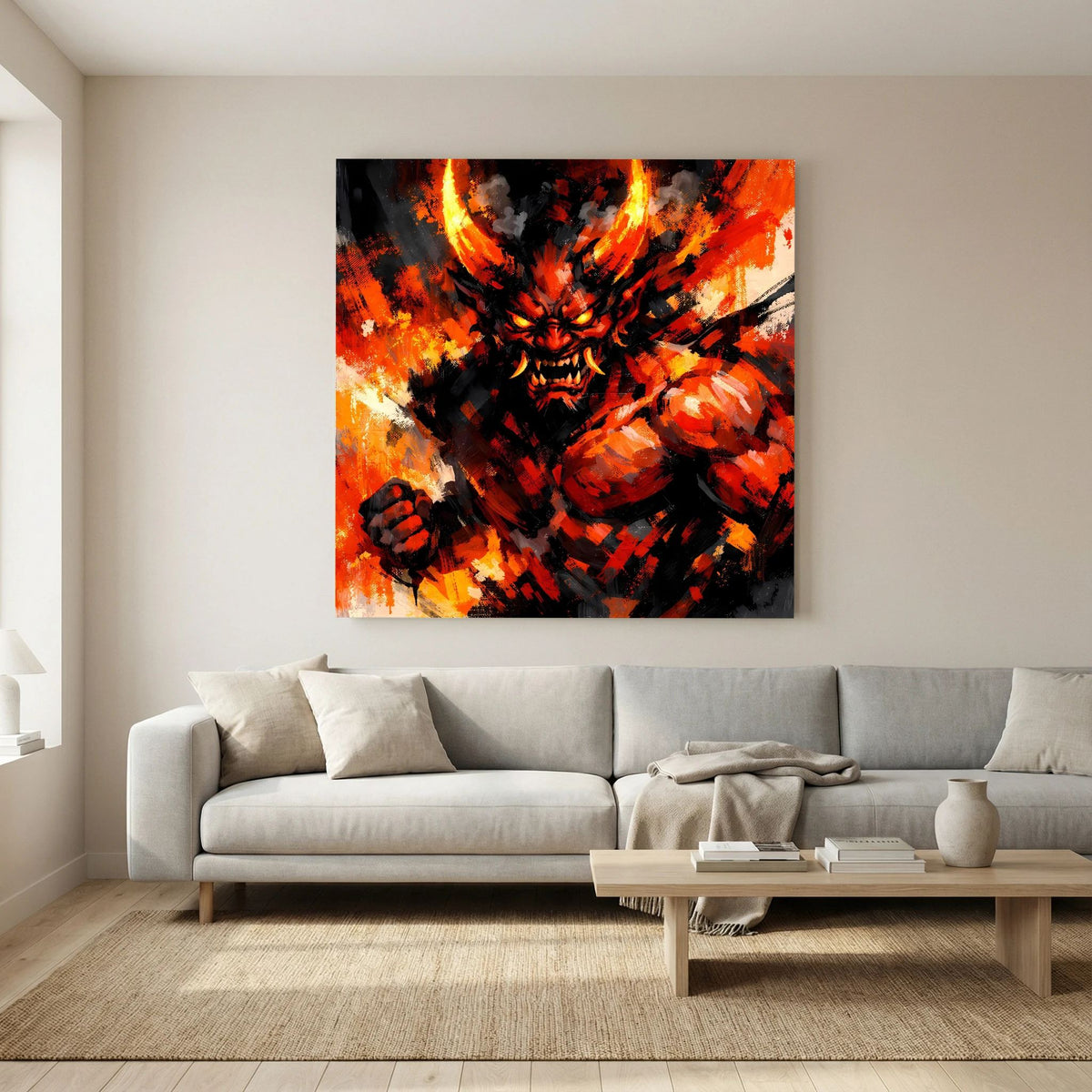 Leinwand-Wandbild mit Oni-Dämon-Gesicht, Flammen überlappen, orange Akzente