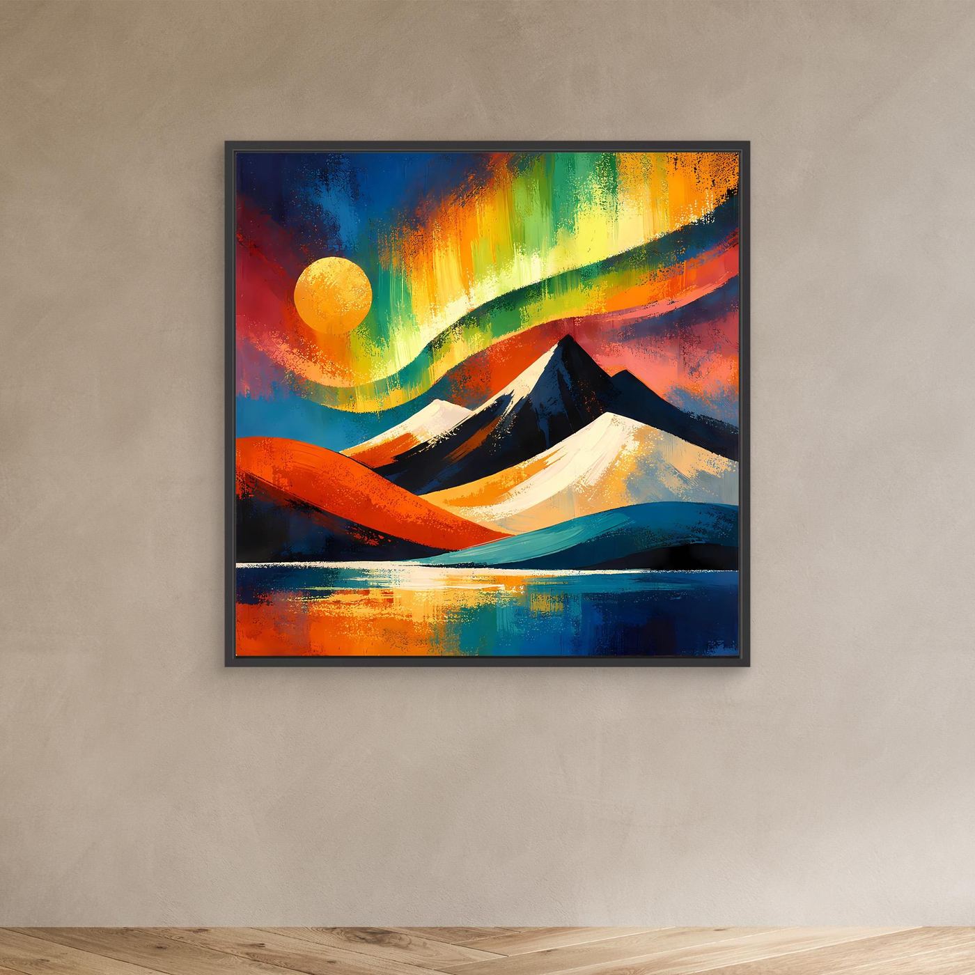 Leinwandbild im schwarzen Rahmen: abstrakte Berge, bunte Wellen, gelbe Sonne und Wasser