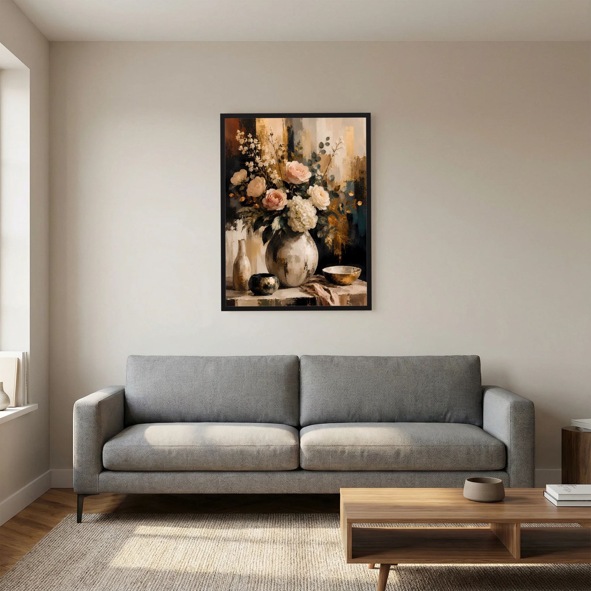 Blumenstillleben-Poster mit Rosen und Hortensien, schwarzer Rahmen