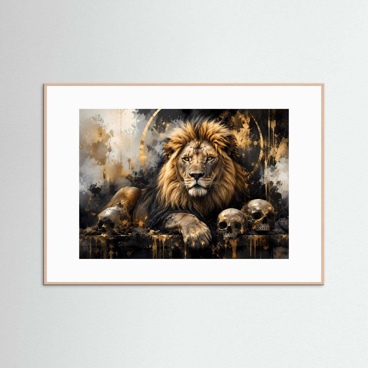 Löwe Poster mit Totenköpfen | Abstrakte Schwarz Gold Löwen Wandkunst | Majestätischer Lion Kunstdruck Modern
