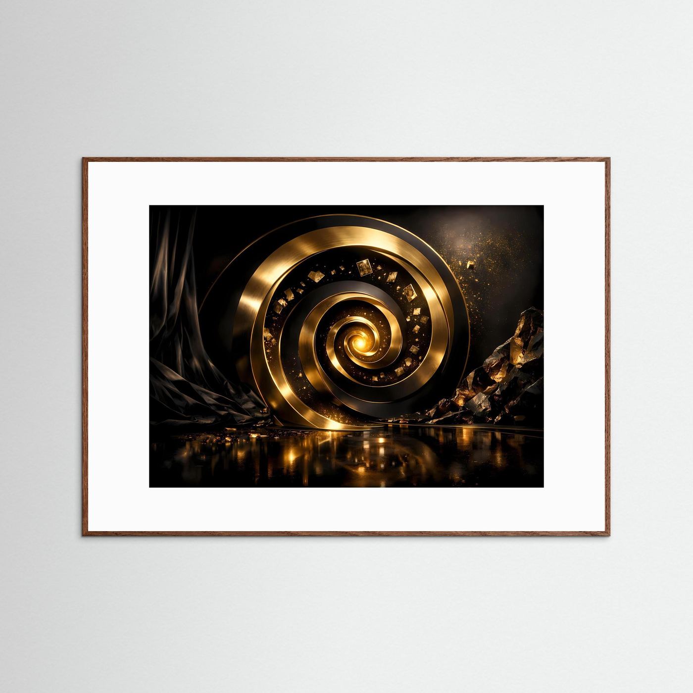 Wandbild mit goldener 3D-Spirale, brauner Holzrahmen und weißer Passepartout