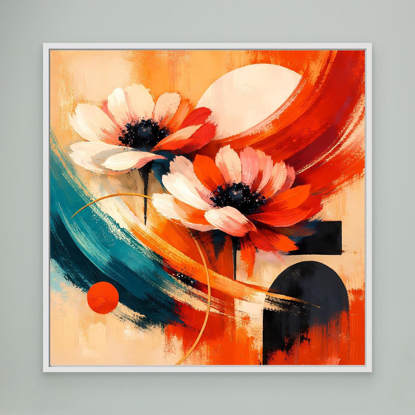 Leinwandbild mit abstrakten Anemonen: Orange, Rot, Türkis, weiß gerahmt
