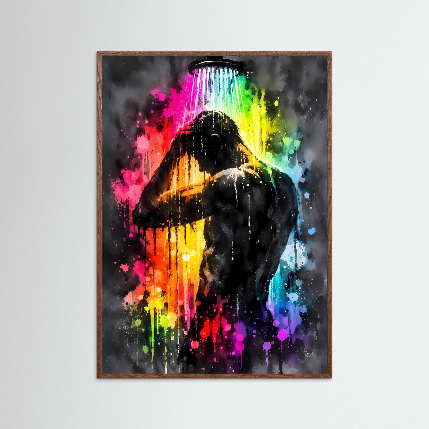 Die Kunst der Erfrischung | Neon Dusch-Poster mit männlicher Silhouette & Regenbogen-Farben | Abstraktes Pop-Art Kunstposter Hochformat
