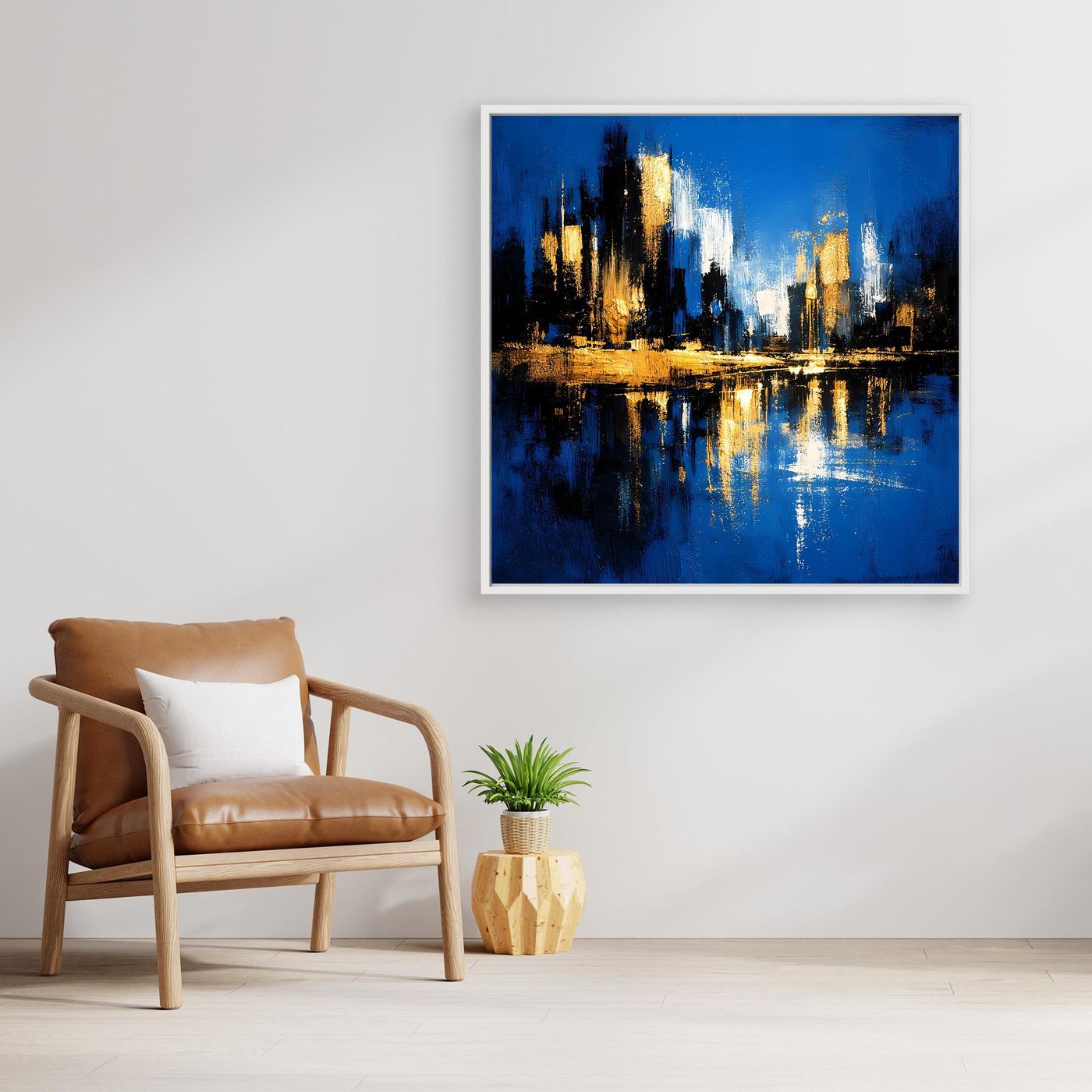 Leinwand Abstrakte Skyline in Blau und Gold | Modernes Großstadt Wandbild mit Spiegelung