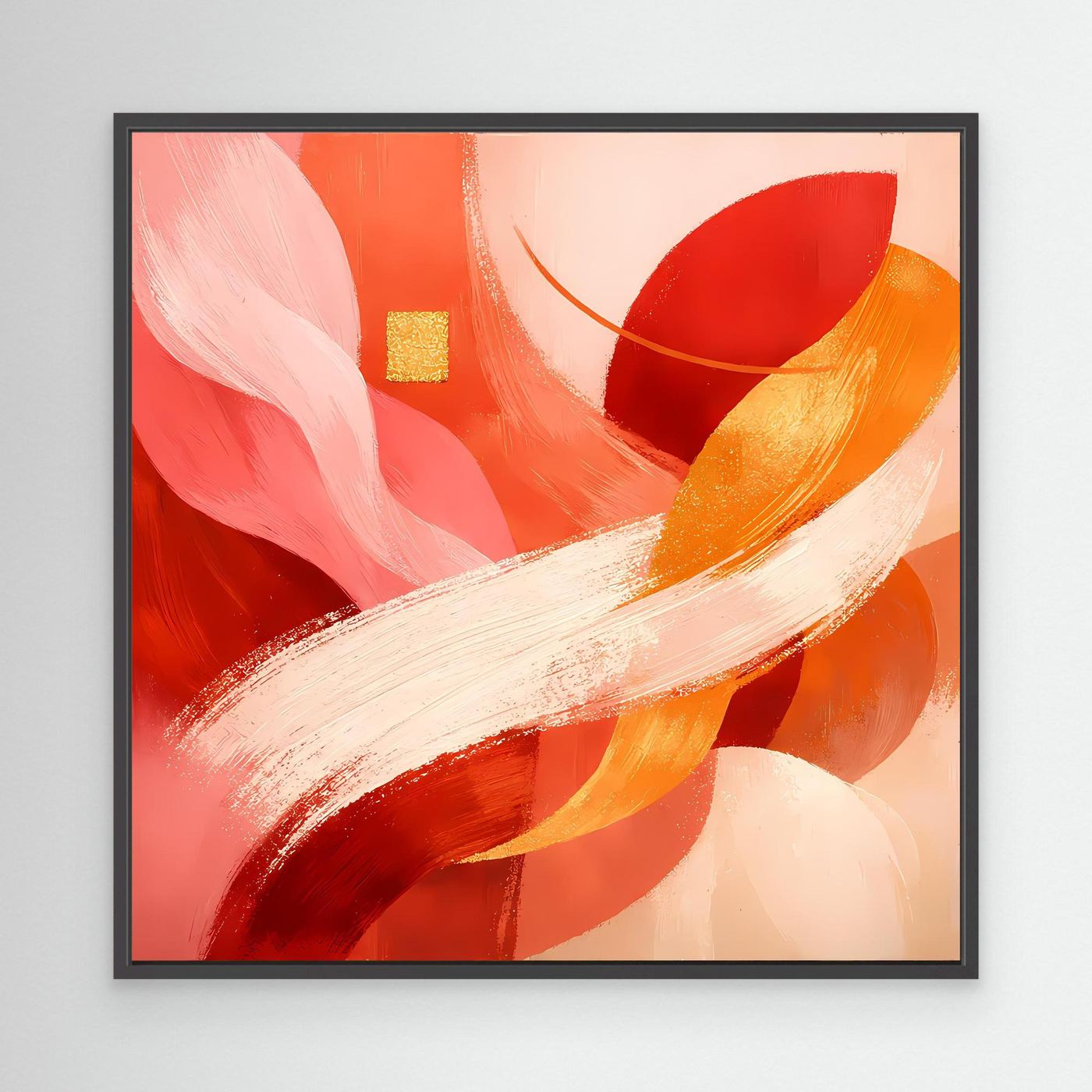 Abstraktes Leinwandbild mit roten, orangen und goldenen Pinselstrichen im schwarzen Rahmen