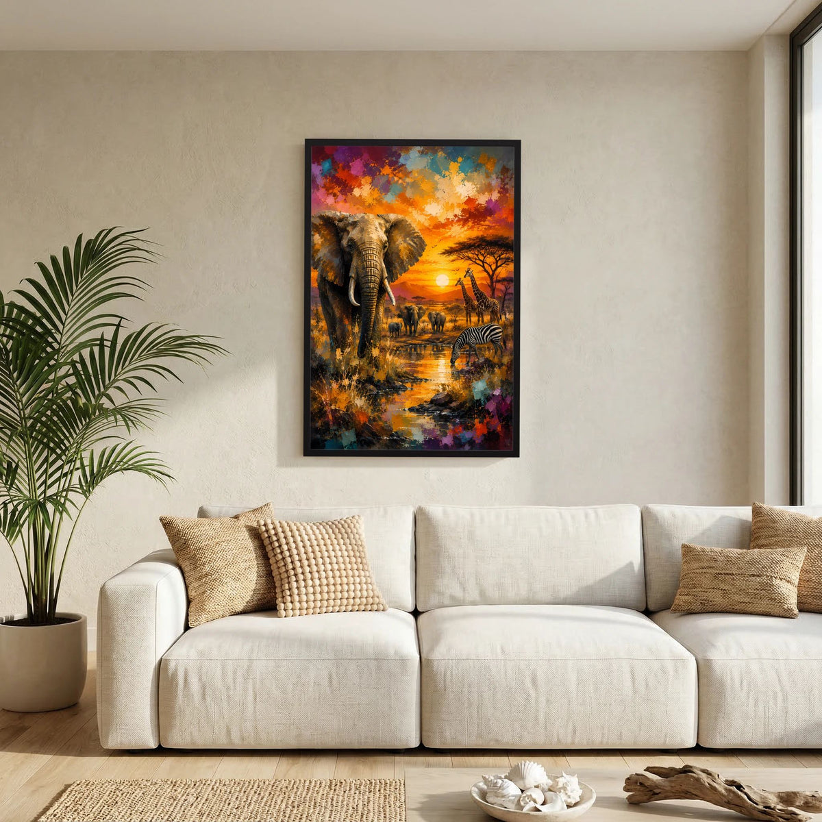 Poster im Hochformat mit schwarzem Holzrahmen: Elefant und Zebras bei orangefarbenem Abendhimmel