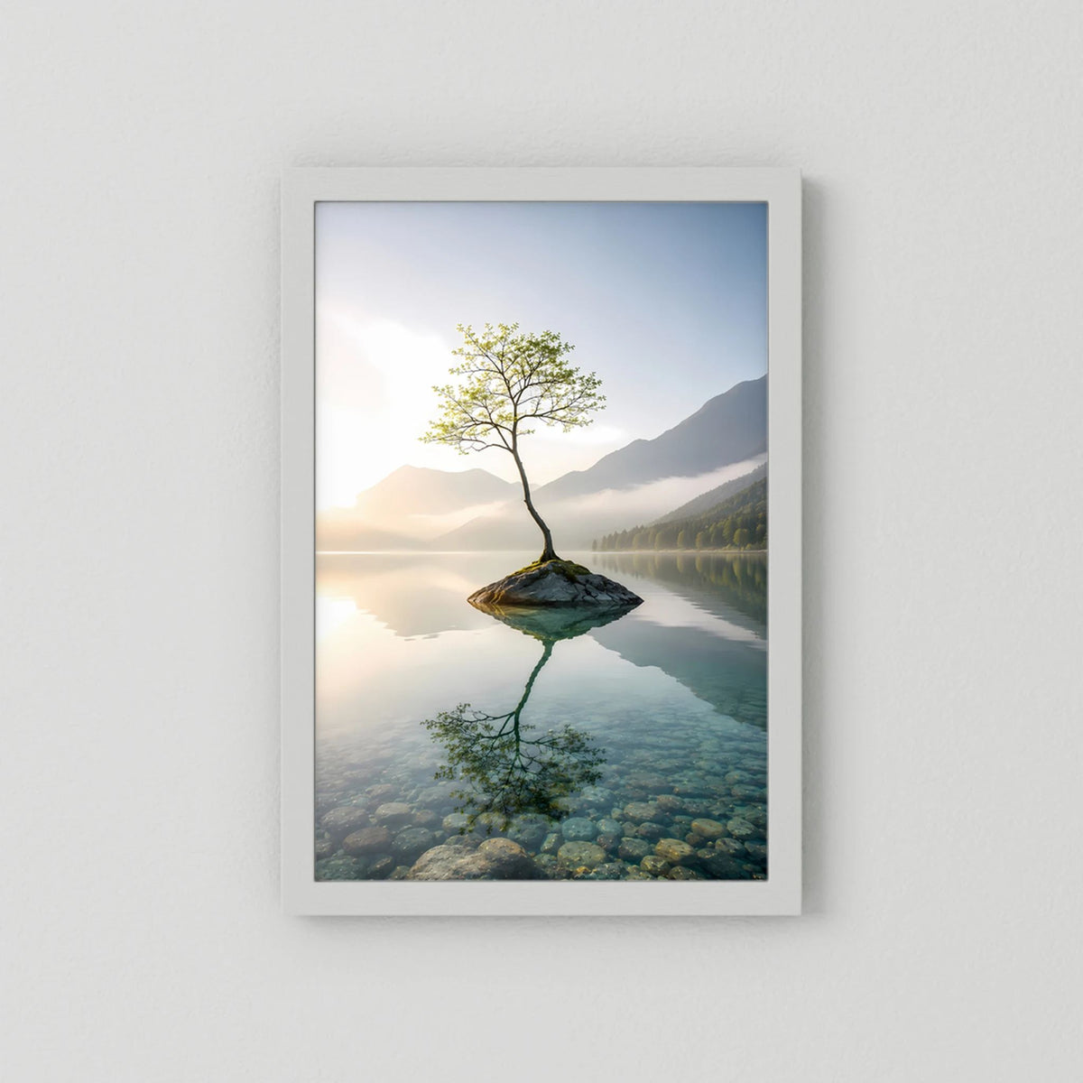 Baum auf Felsen im Bergsee | Minimalistische Natur & Spiegelung | Poster Hochformat