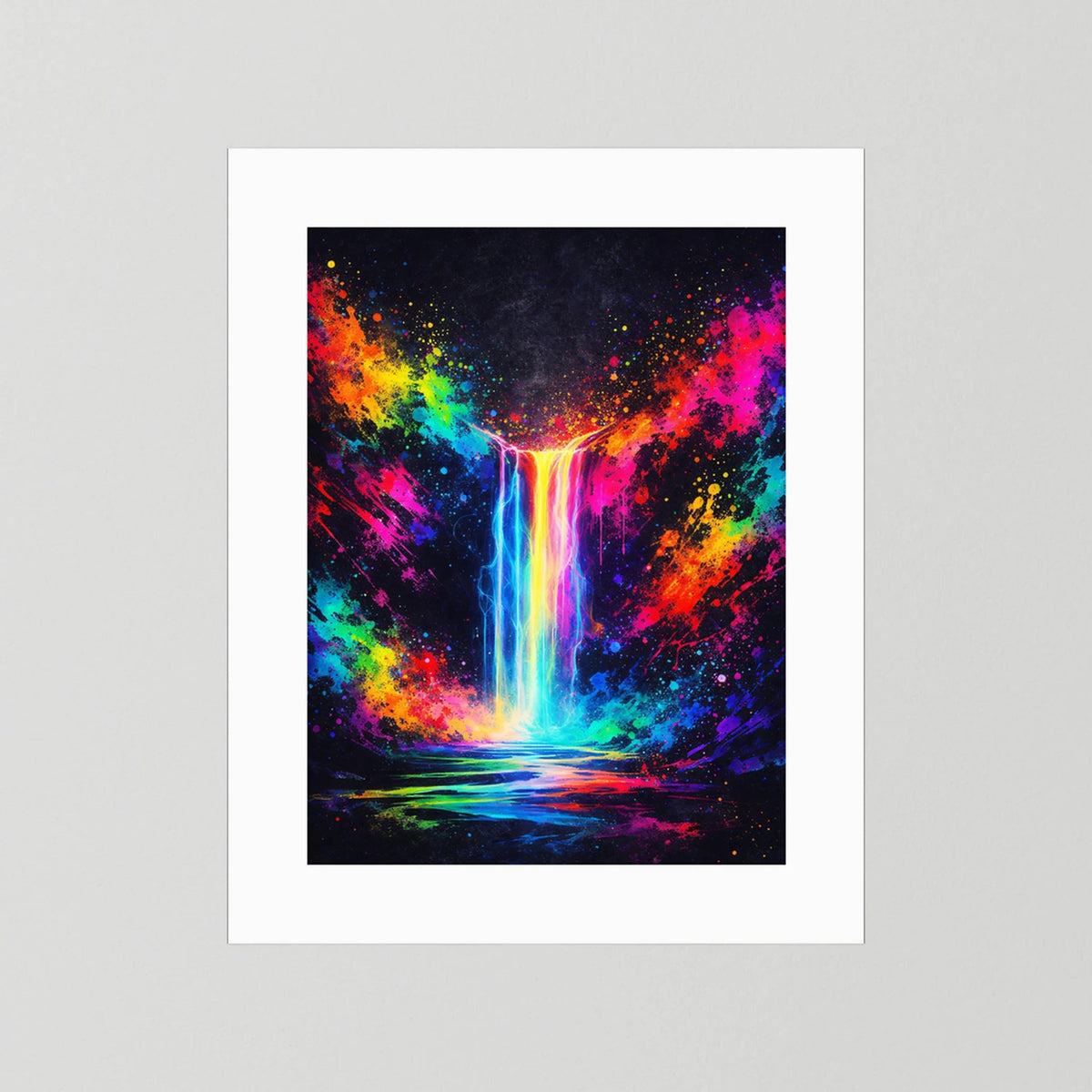 Neon-Wandposter im weißen Rahmen, abstrakter Wasserfall in bunten Neonfarben, Hochformat